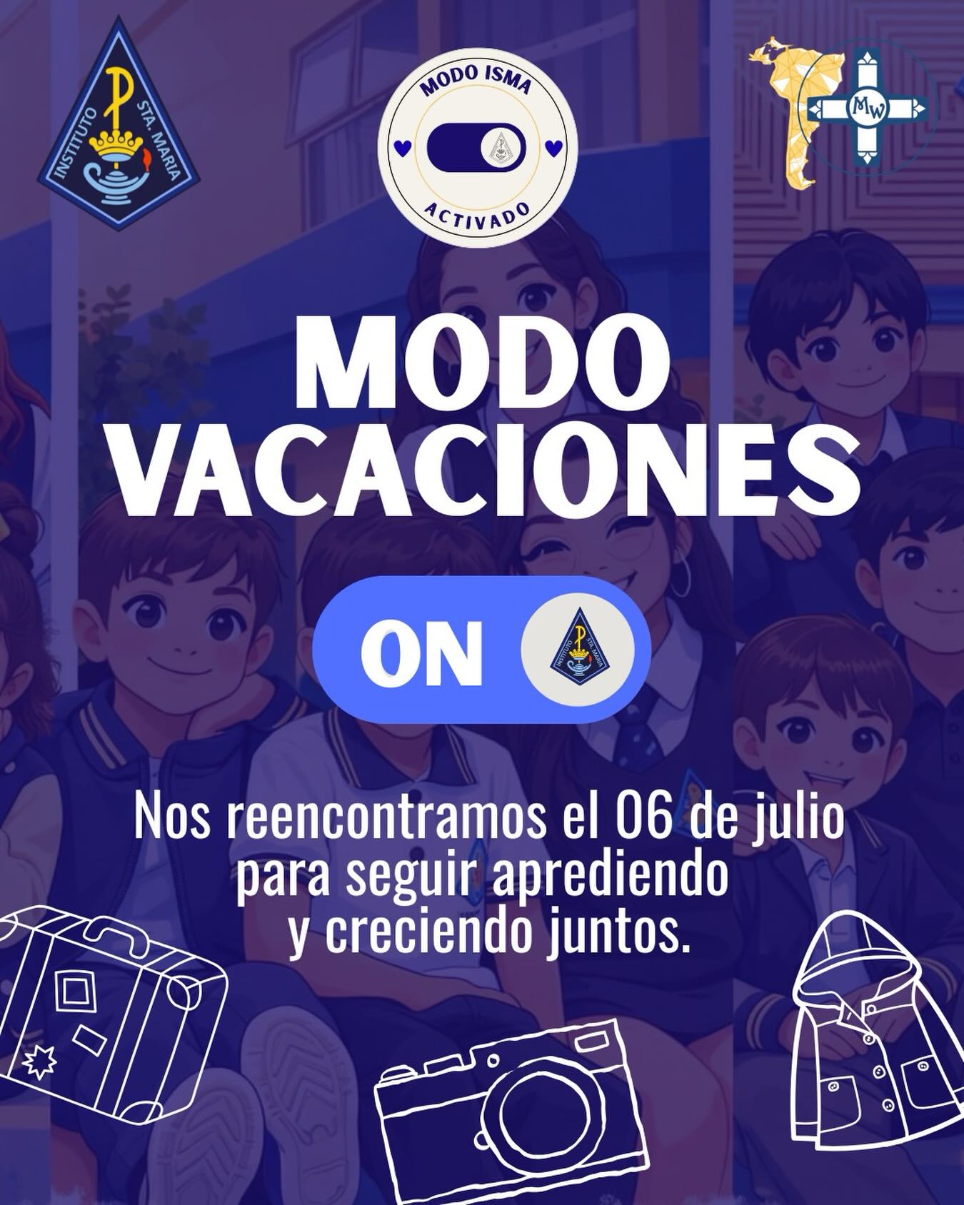 ¡Bienvenidas, vacaciones de invierno! ❄️💙💛
Querida comunidad educativa, hoy cerramos este primer semestre con gratitud por todo lo aprendido, los desafíos superados y los logros alcanzados.
Ahora es tiempo de descansar, compartir en familia, recargar energías y disfrutar de unas merecidas vacaciones de invierno.
Les deseamos días de alegría, tranquilidad y bienestar. Nos reencontramos el 06 de julio para seguir aprendiendo y creciendo juntos.
#ModoISMA
