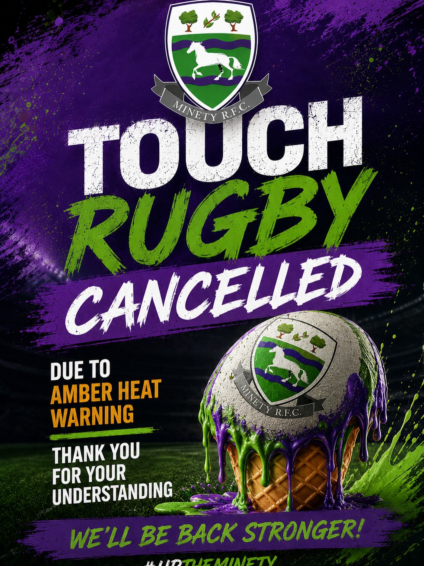 Sorry to say touch rugby is cancelled due to the extreme heat warning.