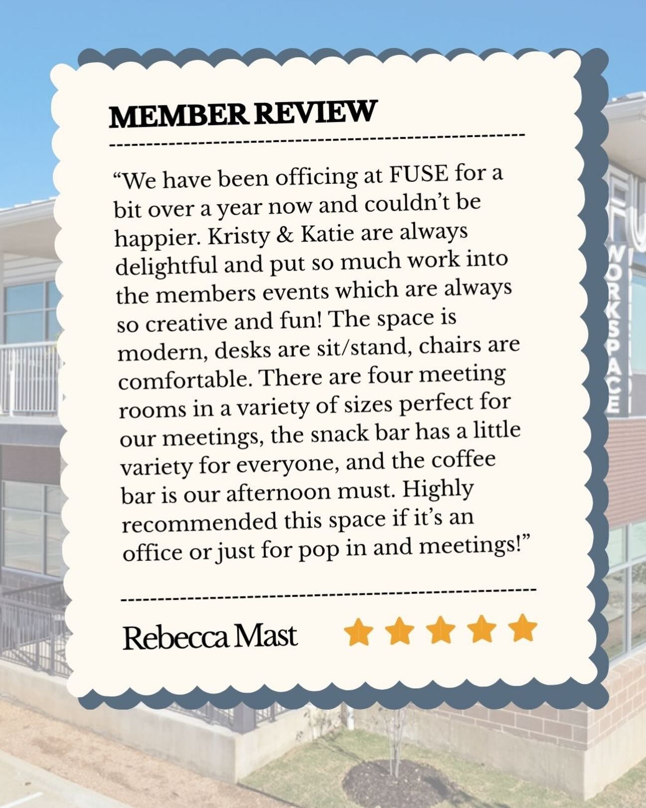 There’s nothing better than hearing directly from the people who make our community what it is. 💙
We’re grateful for members like Rebecca and her team who have chosen FUSE as their home for the past year. Thank you for your kind words and for being part of the FUSE family!