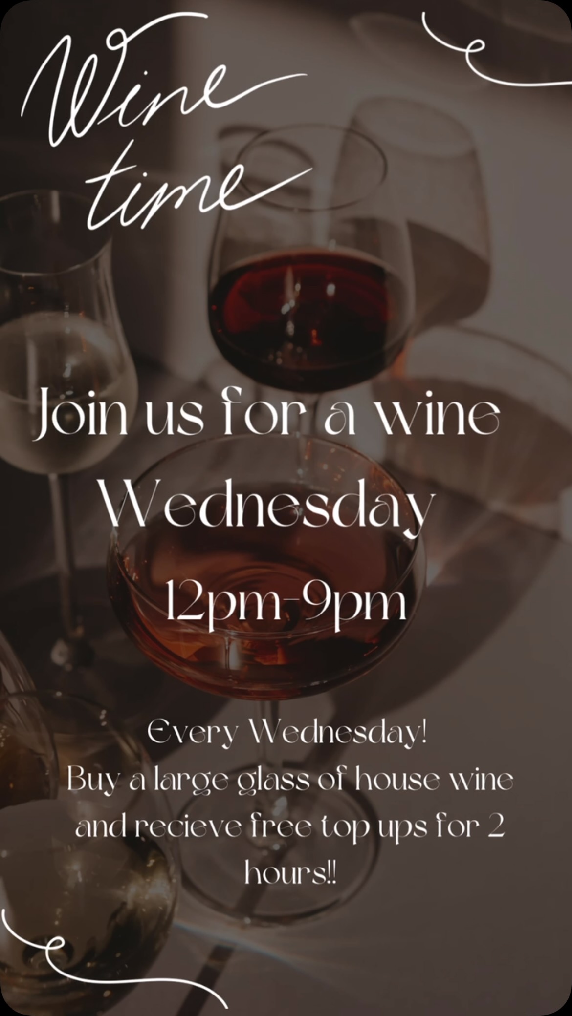 Mid-week treat! 🍷
Buy a large glass of our house wine and recieve free top ups’s for 2 hours!!
This offer is not to be used in conjunction with any other offer and a meal must also be purchased.