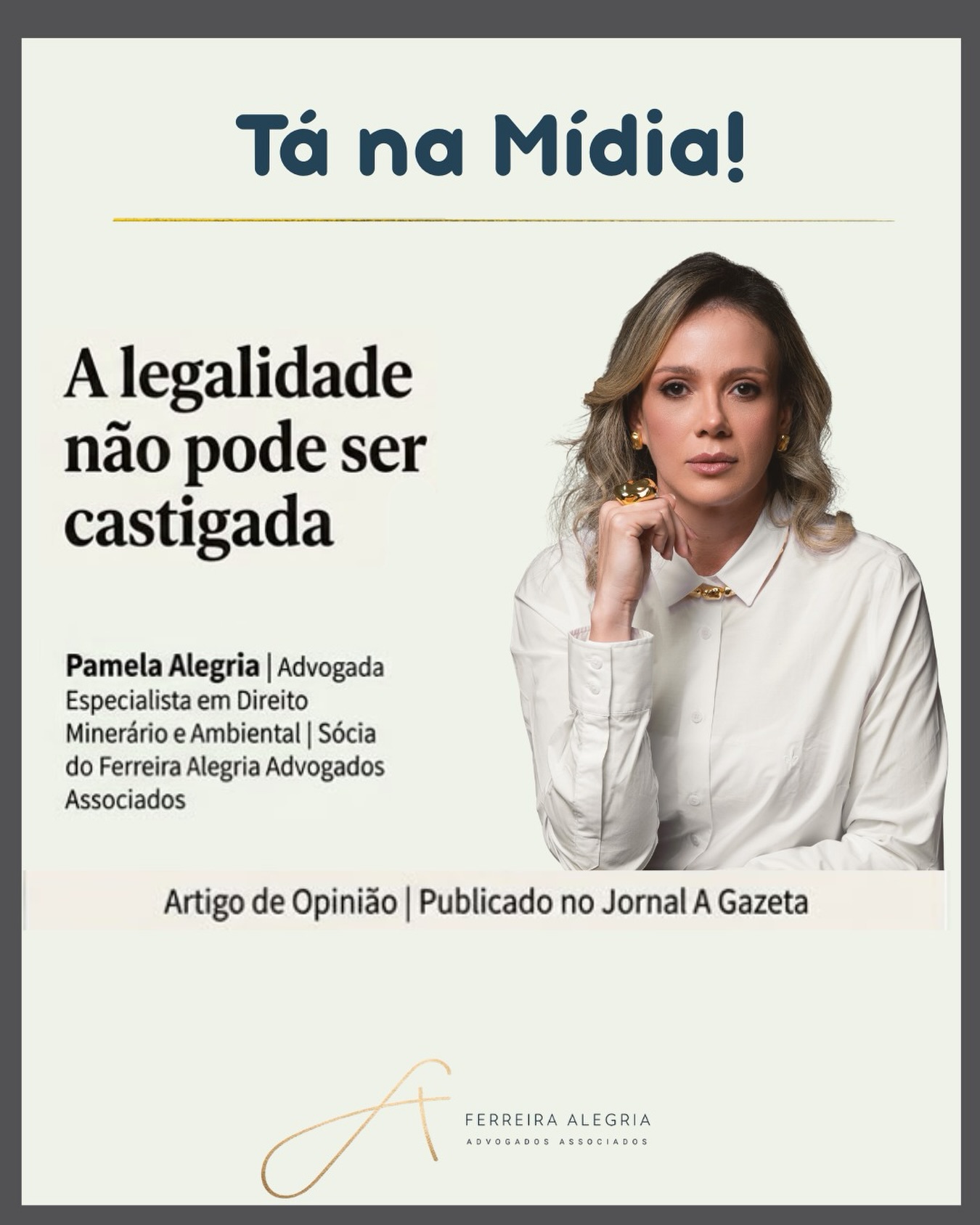 📰 SAIU NA MÍDIA | A legalidade não pode ser castigada
Em artigo publicado no jornal impresso A Gazeta nesta semana, a nossa sócia e especialista em Direito Minerário e Ambiental, Dra @pamelaalegria , traz uma reflexão urgente sobre os impactos do Projeto de Lei nº 3025/2023 no setor de mineração.
Embora o combate ao ouro ilegal e o rastreamento da cadeia sejam passos fundamentais e necessários, o texto atual do PL acaba sobrecarregando quem já opera na total legalidade.
“Defender ajustes não significa proteger a ilegalidade. O combate ao crime organizado deve ser firme e permanente. Contudo, existe uma diferença enorme entre enfrentar criminosos e transformar quem produz legalmente em alvo de um sistema desconectado da realidade.”
O Senado precisa corrigir essas distorções, garantindo uma transição regulatória justa e segurança jurídica para o setor.
#DireitoMinerario #MineraçãoLegal #namidia #FerreiraAlegriaAdvogados #setormineral