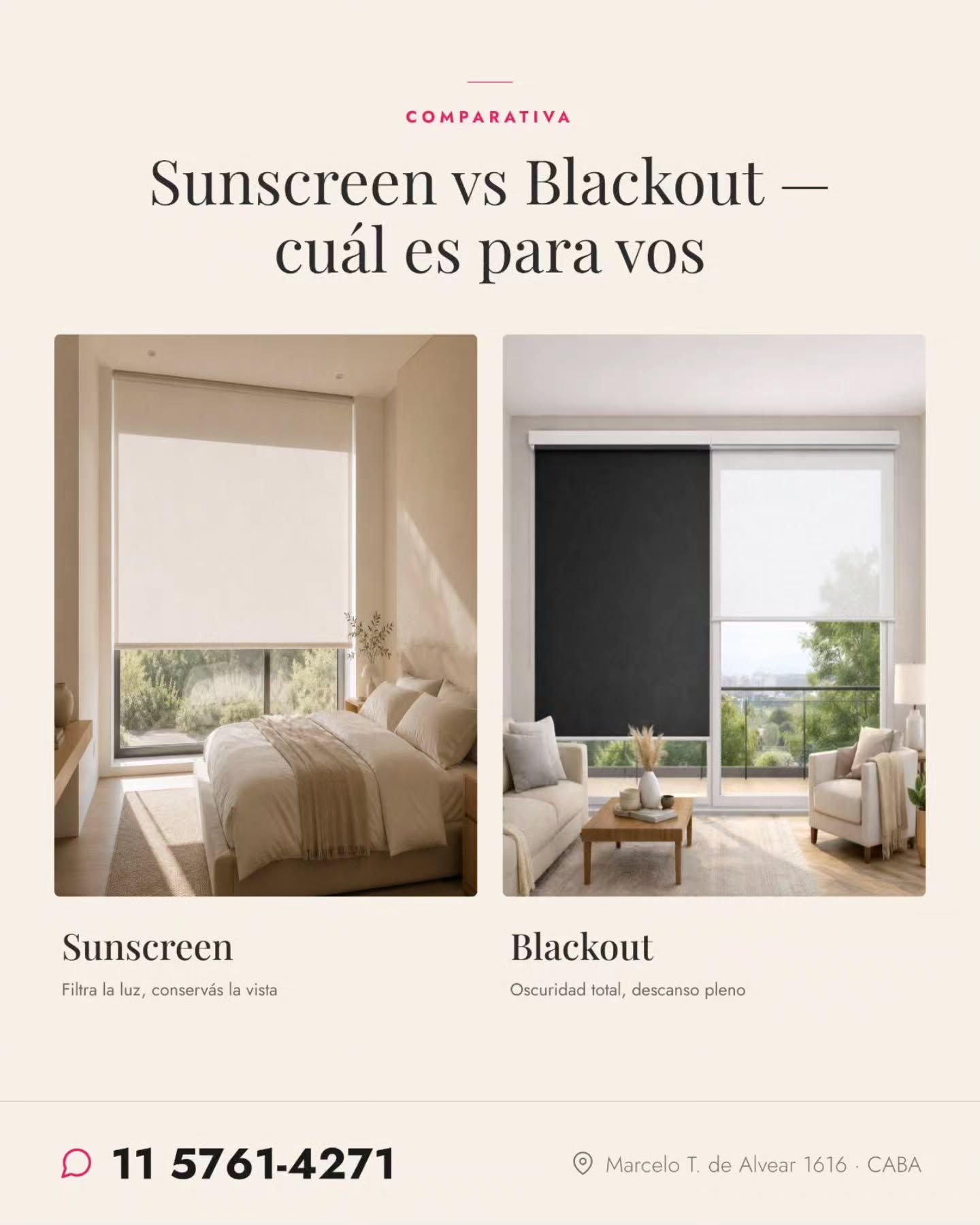 La pregunta más frecuente que recibimos: ¿sunscreen o blackout?
Depende de para qué ambiente. Living, oficina o cocina con vista → sunscreen. Dormitorio o cuarto que necesita oscuridad → blackout. Y muchas veces, la mejor solución es combinar los dos en el mismo ambiente con riel doble.
Si no estás segura/o cuál te conviene, vamos a tu casa y vemos juntos.
📲 11 5761-4271
#cortiblanc #sunscreen #blackout #cortinasamedida #comparativa