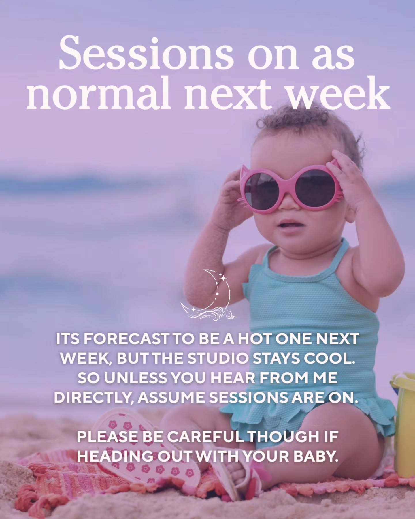 ☀️ Come and escape the heat! ☀️
The forecast for next week is a scorcher, but as long as I can keep it together against the heat, sessions will be on!!
One of the benefits of the studio being in a lovely old building, means it stays cool. I'll also make sure I have plenty of cold drink options available instead of the normal teas and coffee. The big water mat will also be out for the babies to cool down on if they need it this week.
Do be mindful though when heading out with your baby if you are coming to class. Keep them sheltered from the sun on your way there, find your fans, but if its too hot for you, please drop me a message.
And if it turns out to be too hot for me, you'll probably still find me at the studio lying on the cool floor, trying not to melt into a puddle... so you can just come and lie with me instead 🤣