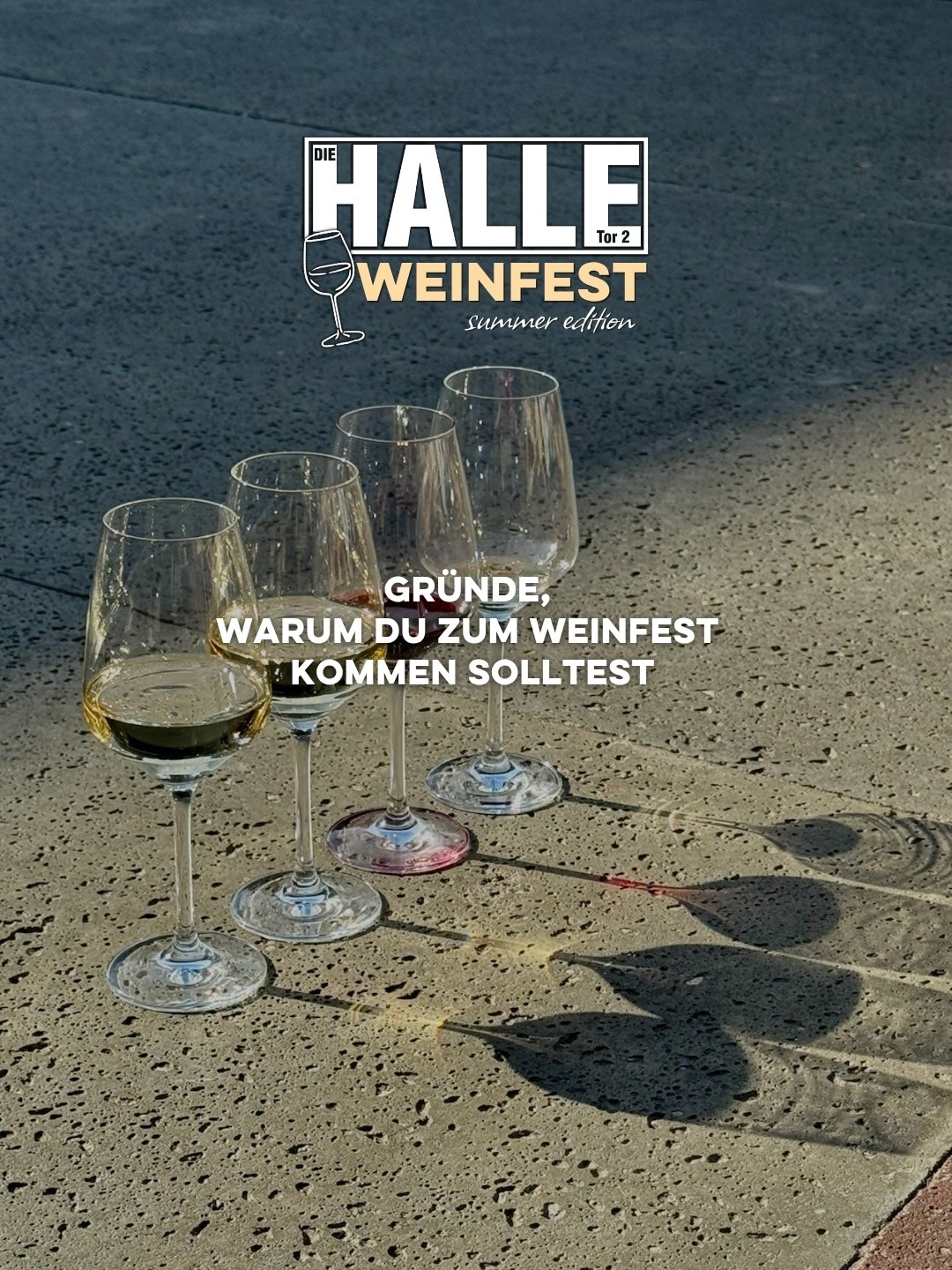 Am 24.07.2026 und 25.07.2026 veranstalten wir Das HALLE Tor 2 Weinfest.🍇🍷
Gründe, warum du zum Weinfest kommen solltest:
🍇Vielfältige Weinstände aus verschiedenen Regionen
🍷Winzer*innen & Expert*innen vor Ort
🍽️leckeres Streetfood - passend zum Wein
🎵musikalische Live-Acts & DJs
☀️Indoor & Outdoor
(flexible Open-Air Location)
🗓️ Freitag, 24.07. | ab 17:00 Uhr
🗓️ Samstag, 25.07. | ab 16:00 Uhr
Tickets sind über den Link in unserer Bio und auf unserer Website erhältlich!🎟️
