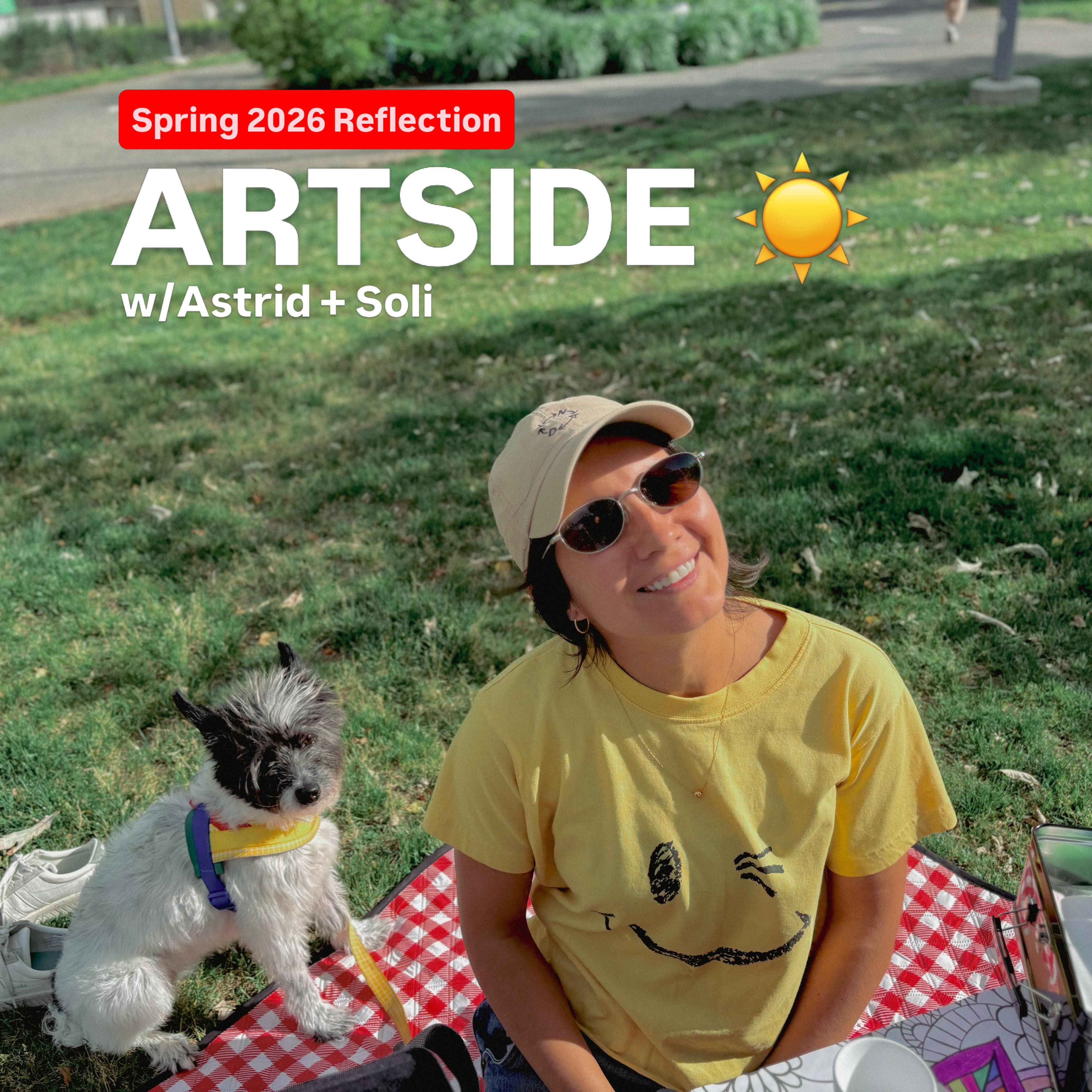 Summer solstice for me means slowing down. Feeling reflective and processing some learnings from my first in person popup project - ARTSIDE w/Astrid!
For 6 weeks this spring, I spent 2 hrs outside on a Thursday afternoon. I brought a wagon full of art supplies, a picnic blanket, and a shared canvas to fill in together.
This project had been percolating in my brain for the better part of 2 years. This spring I decided to rip the bandaid and just see what if felt like to make the space real.
Long story short, it truly has been a joy 💕 I’ve met amazing, kind, and curious people. And am grateful I get to experiment and play life in this way.
Always grateful for the support of friends 📸 @heidiemojica
I really needed this. For myself.
Like many of us, my paid labor is almost exclusively behind a screen. I’m attached to my phone and computer and am always seeking creation/hobby time that are more tangible.
Having a dedicated time every week to show up and a responsibility to others to actually be there physically made a difference. It’s easier for me to hold myself accountable to others than myself. But I needed the creative time and connection time as much or more than anyone else I met along the way.
I know I’m not alone in craving a physical “third space”
Born from a desire for play/connection rather than consumerism, ARTSIDE opened the door to engage with others in the small moments that make me feel more human.
By choosing to be in a public park, with no barrier to entry (no cost or need for supplies or prior experience), I’ve been able to engage with people from all walks of life. With the exception of a couple friends and my supportive husband, those who have stopped by have been curious strangers on their typical walk or run, just going about their routine. Some have seen us in prior weeks, this time able to stop and ask “what is this?”. Excited at the opportunity to let something out or contribute to something different.
Shoutouts to Chioma & Adaeze 🌻
We all need moments of joy and connection.
It doesn’t have to be big but sending that text to a friend saying you’re thinking of them, stopping for a quick doodle before work, or picking u