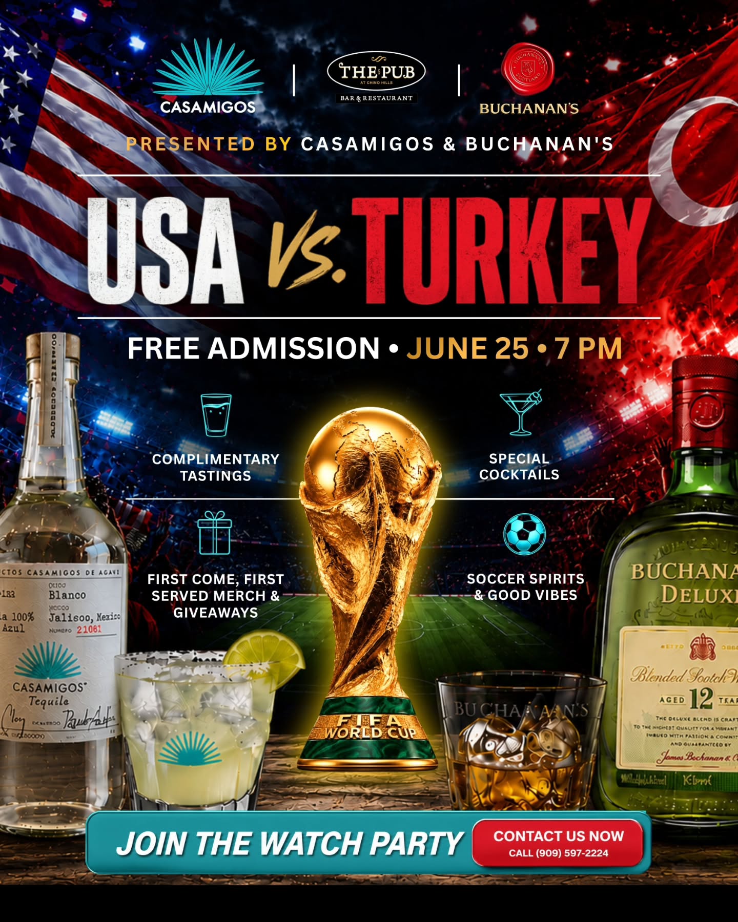 ⚽ USA vs. Turkey at The Pub! 🇺🇸🇹🇷
Join us on Thursday, June 25 at 7:00 PM and catch all the World Cup action on the big screens.
What's Waiting for You:
🥃 Complimentary Casamigos & Buchanan's tastings
🍹 Special cocktail features
🎁 Merch & giveaways while supplies last
📺 Giant screens and game-day atmosphere
⚽ World Cup action live
🎟 FREE ADMISSION
Grab your friends, wear your colors, and watch the match with us at The Pub!
📞 Reserve your table: (909) 597-2224
#ThePubAtChinoHills #WorldCupWatchParty #USAvsTurkey #SoccerNight #ChinoHillsEvents