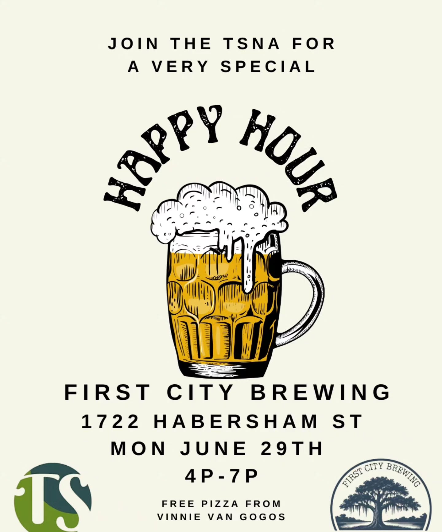 Mark your calendars for June 29th! Join the neighborhood for happy hour at our favorite new watering hole First City Brewing. We got pizza from Vinnie Van Gogos coming for yall as well. Pizza and beer? Sounds like a pretty good monday!