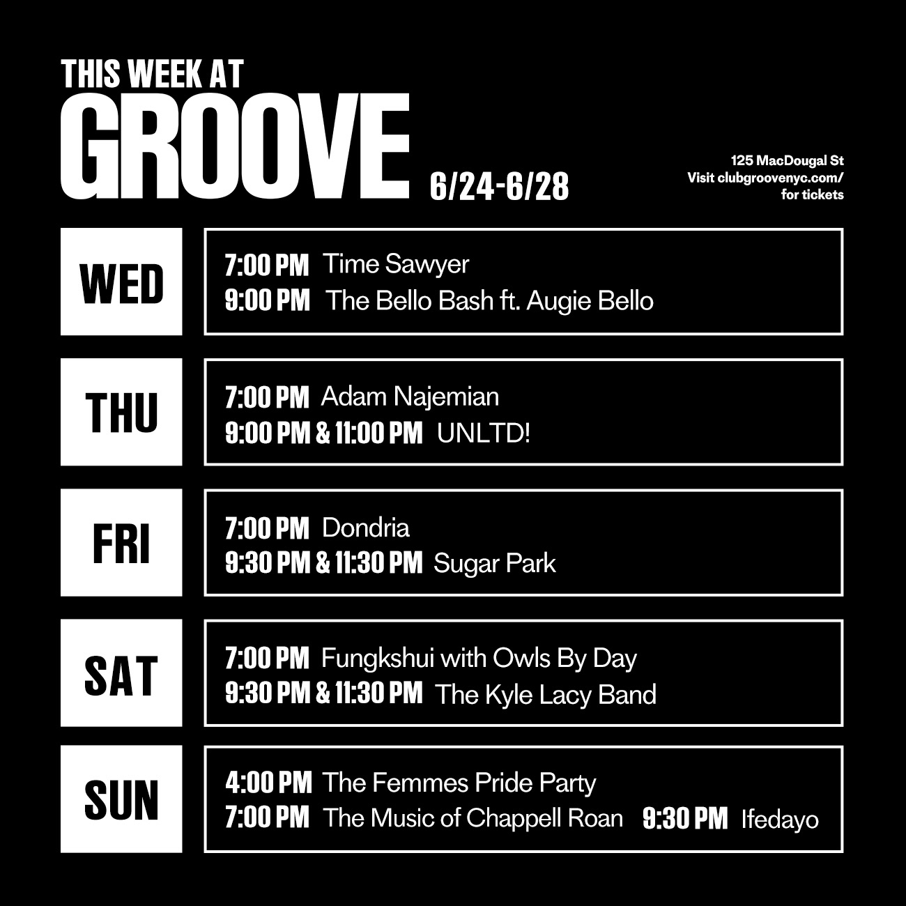 Close out your Pride Month with a bang with The Femmes Pride Party, Ifedayo, Fungkshui, and more LIVE this week at Groove! 🌈🪩
6/24: @timesawyerband // @thebellobash w/ @augie_bello
6/25: @adamnaj // UNLTD!
6/26: @dondrianicole // @sugarparkband_cwe
6/27: @fungkshui_band with @owlsbyday // @kylelacymusic
🌈 6/28: @thefemmesband Pride Party // HOT TO GO! The Music of Chappell Roan // @ifedayo_official
Grab your tickets now at the link in bio! 🎫
#GrooveNYC #LiveMusicNYC #ThingsToDoNYC