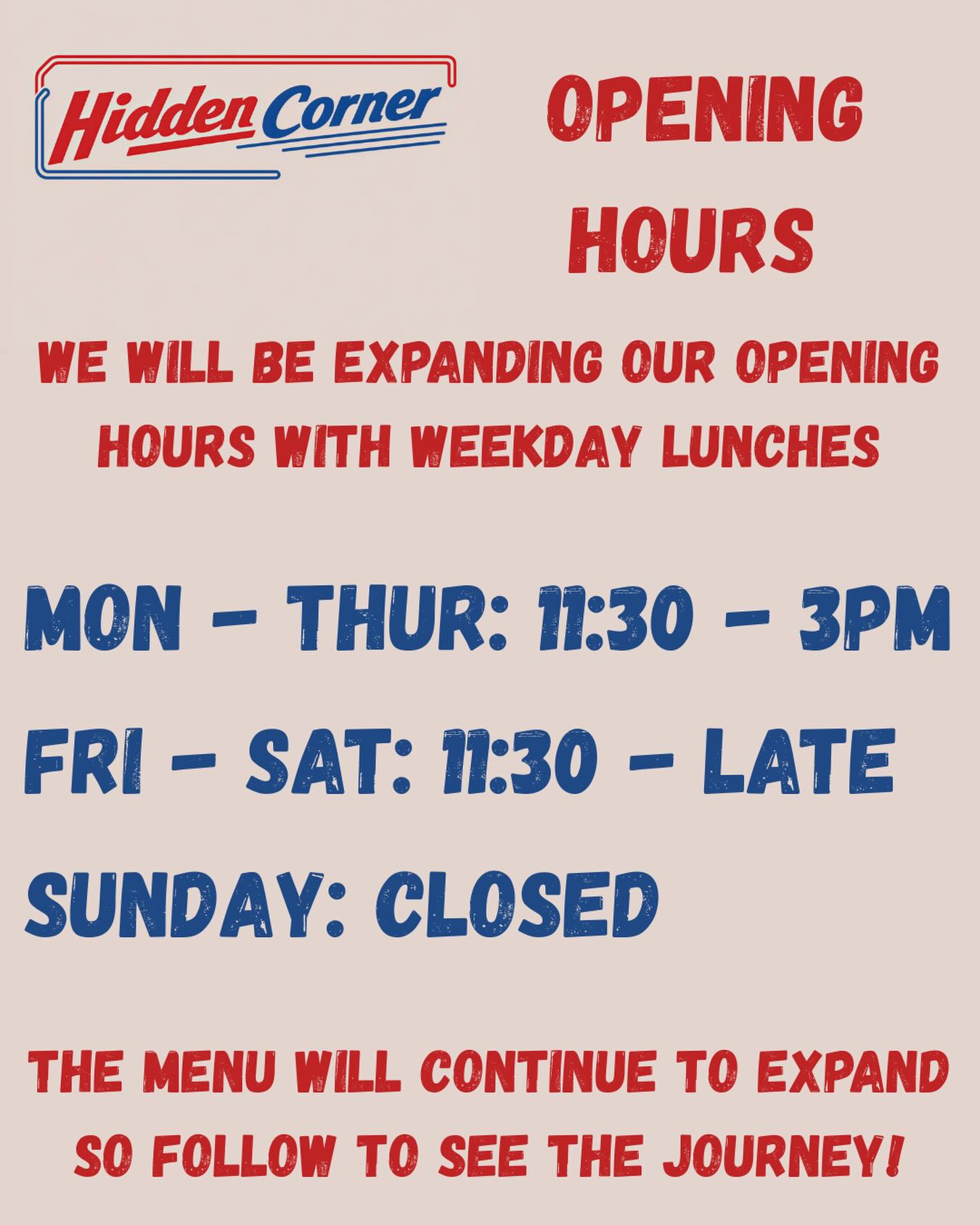 We would like to extend a massive thank you to everyone who turned up and supported our soft launch over the Dark Mofo period ❤️💙
With the end of our soft launch period we are excited to announce that we will be expanding our opening hours to 11:30 - 3pm on Mon - Thu and 11:30 - Late : Fri - Sat and closed on Sundays for the start of our operations. This will start on Tuesday the 23rd of June!
With these expanded opening hours we will also be expanding our menu with new additions on the way! Let us know in the comments what food you would like to see 👇👇👇
** Please note we will be shut on Monday 22nd of June to recover and restock from the immense love shown over the weekend with us selling out of the majority of our menu items ❤️❤️
Thank you - H.C team