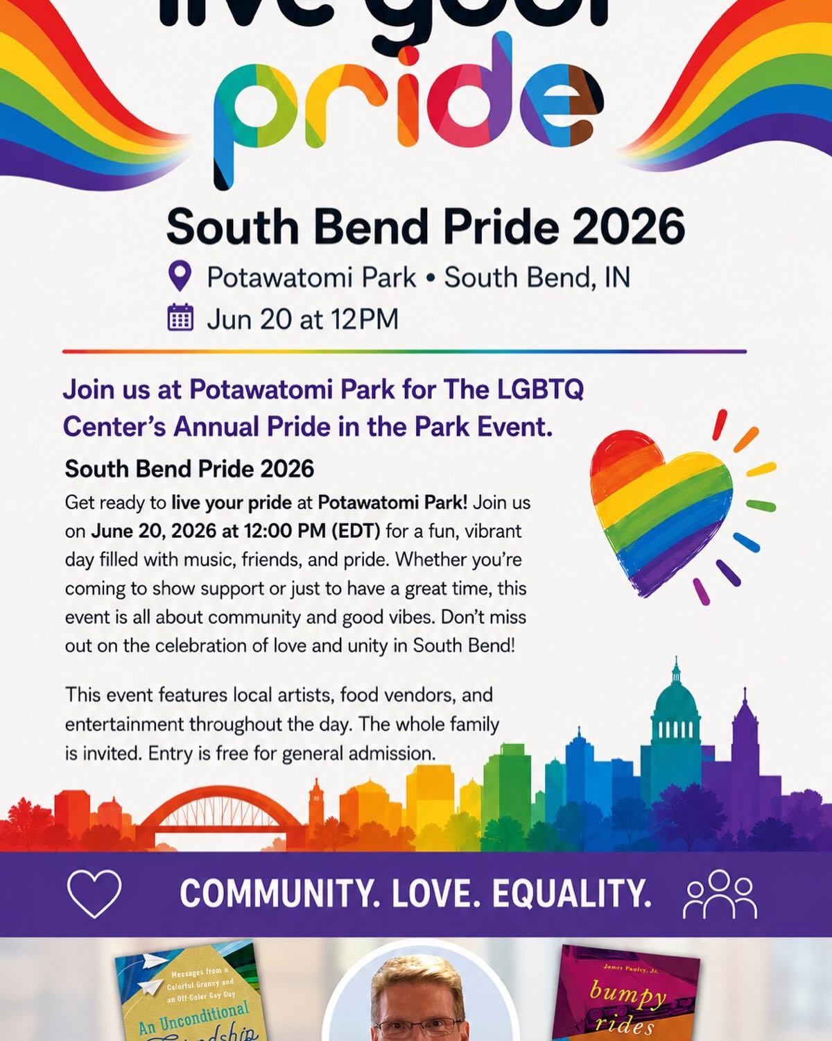 The weather forecast for tomorrow, June 20 is sunny and 75°. An absolutely perfect day to come out to South Bend Pride 2026. Hope to see you there!
#love
#equality
#diversity
#community