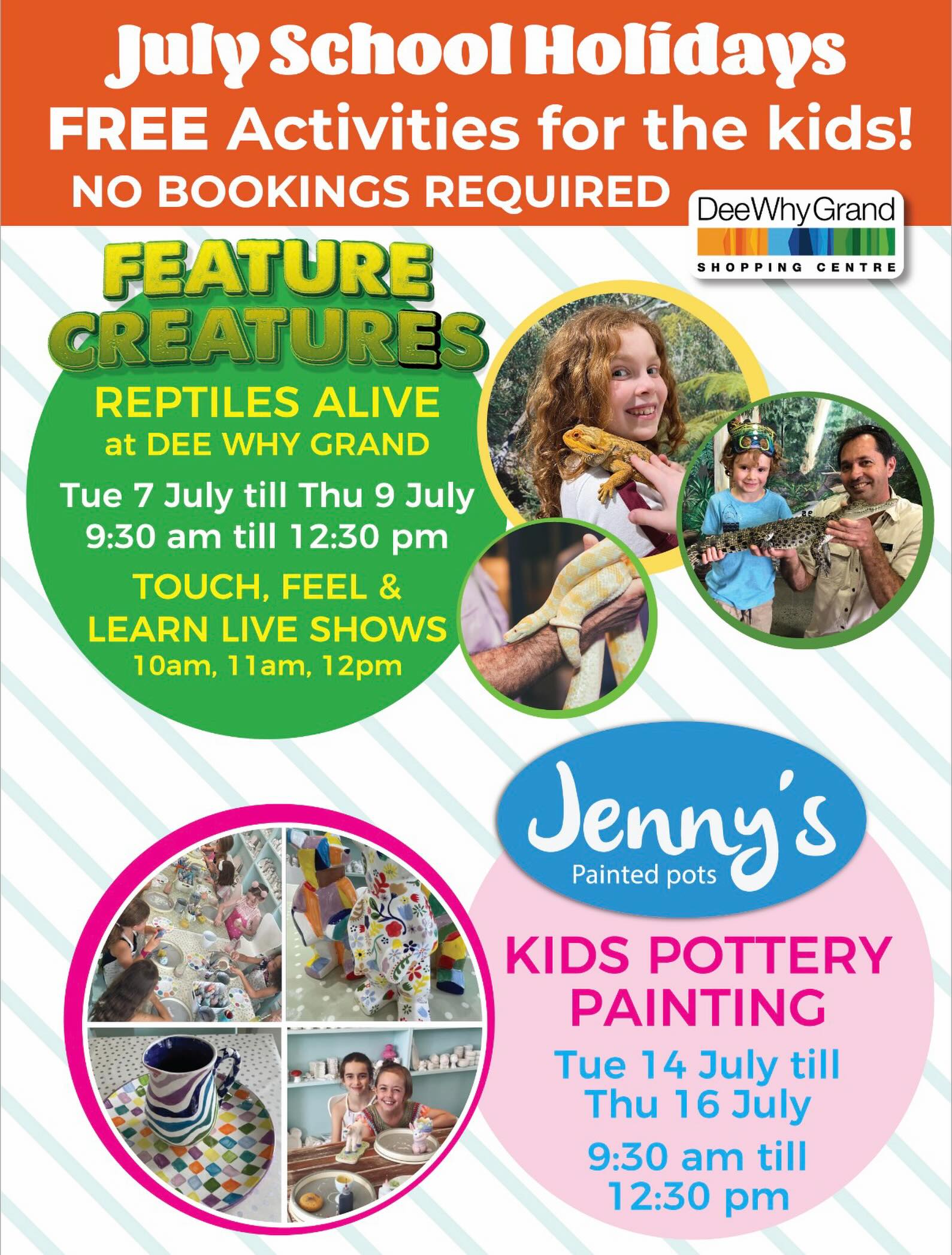 Come join us FREE school holiday activities happening at Dee Why Grand Shopping Centre
Create a Pot or cuddle a Crocodile!!
All at @deewhygrand