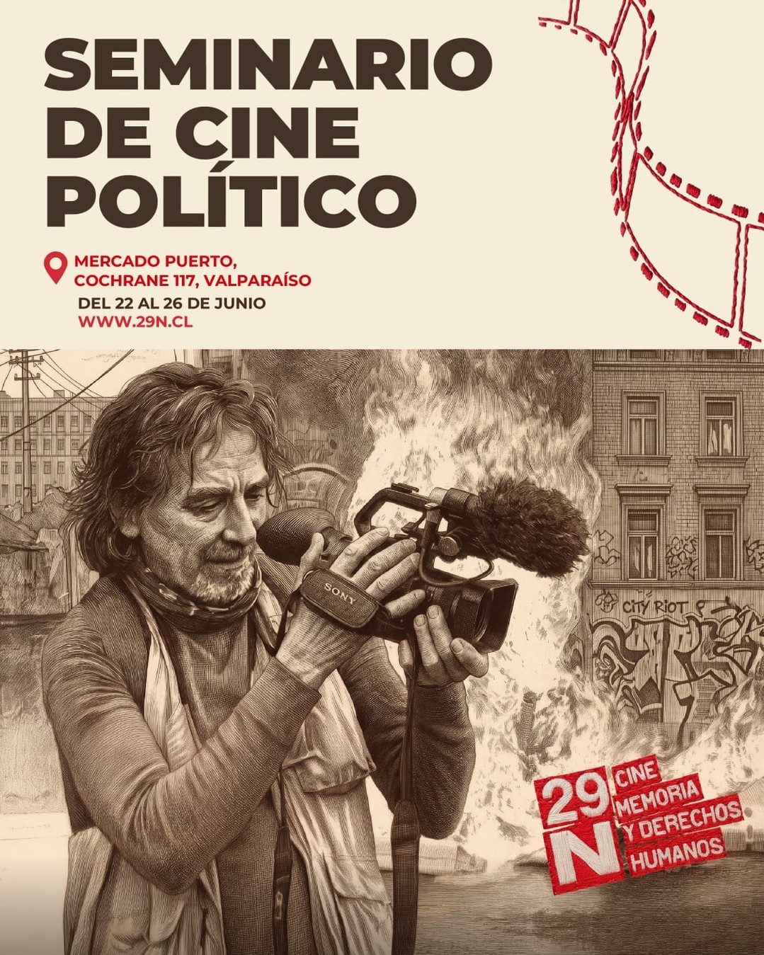 #Actividad | Seminario de Cine Político 🎞️
🎥 No te pierdas la oportunidad de participar del Seminario de Cine Político como parte de las actividades de extensión del 29N Festival de Cine, Memoria y DD.HH. Un espacio necesario para demostrar que el cine sociopolítico no solo transforma realidades, sino que también es un motor sustentable dentro del ecosistema creativo.
💬 Te invitamos a las jornadas de análisis y conversación junto a grandes referentes de la cinematografía nacional: Paola Castillo, Tiziana Panizza, Tatiana Gaviola, Sebastián Moreno, Pachi Bustos, Pablo Salas, Gabriela Sandoval, Ignacio Aliaga, Pepe de la Vega, José Manuel Rodríguez, Pablo Perelman, Germán Liñeros, Víctor Gómez, Sergio Trabucco
🗓️ Seminario de Cine Político, del 22 al 26 de Junio.
📍 Mercado Puerto (3° piso) Cochrane 117, Valparaíso.
📌 Lunes 22 | (15:00 a 17:00 hrs.)
📌Martes 23 al Jueves 25 | (10:00 a 12:00 hrs.)
📌 Viernes 26 | (10:00 a 12:00 hrs.) y (15:00 a 17:00 hrs.)
🎟️ La entrada es liberada.
🔗 Inscríbete en el link de la biografía.
#CineChileno #Festival29N #Valparaiso #CulturaValpo MercadoPuerto