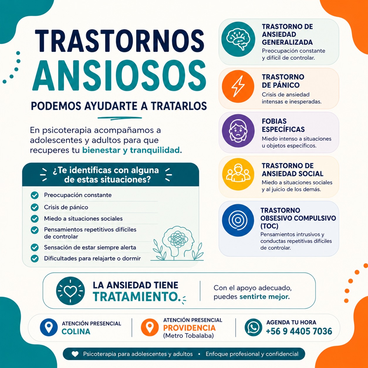 Realizamos tratamiento especializado desde terapia cognitiva conductual para trastornos ansiosos.
Si sientes que necesitas apoyo en esta área, podemos empezar en conjunto un proceso de psicoterapia en función de tus necesidades.
La ansiedad es parte de nuestra vida, la dificultad se genera cuando toda tu rutina se basa en evitar situaciones que aumentan tu estrés o ansiedad.
Tenemos disponibilidad de horas en nuestras dos sucursales: Colina y Providencia.
Contáctanos +569-44057036.
#centronahuen
#ansiedad
#crisisdepanico