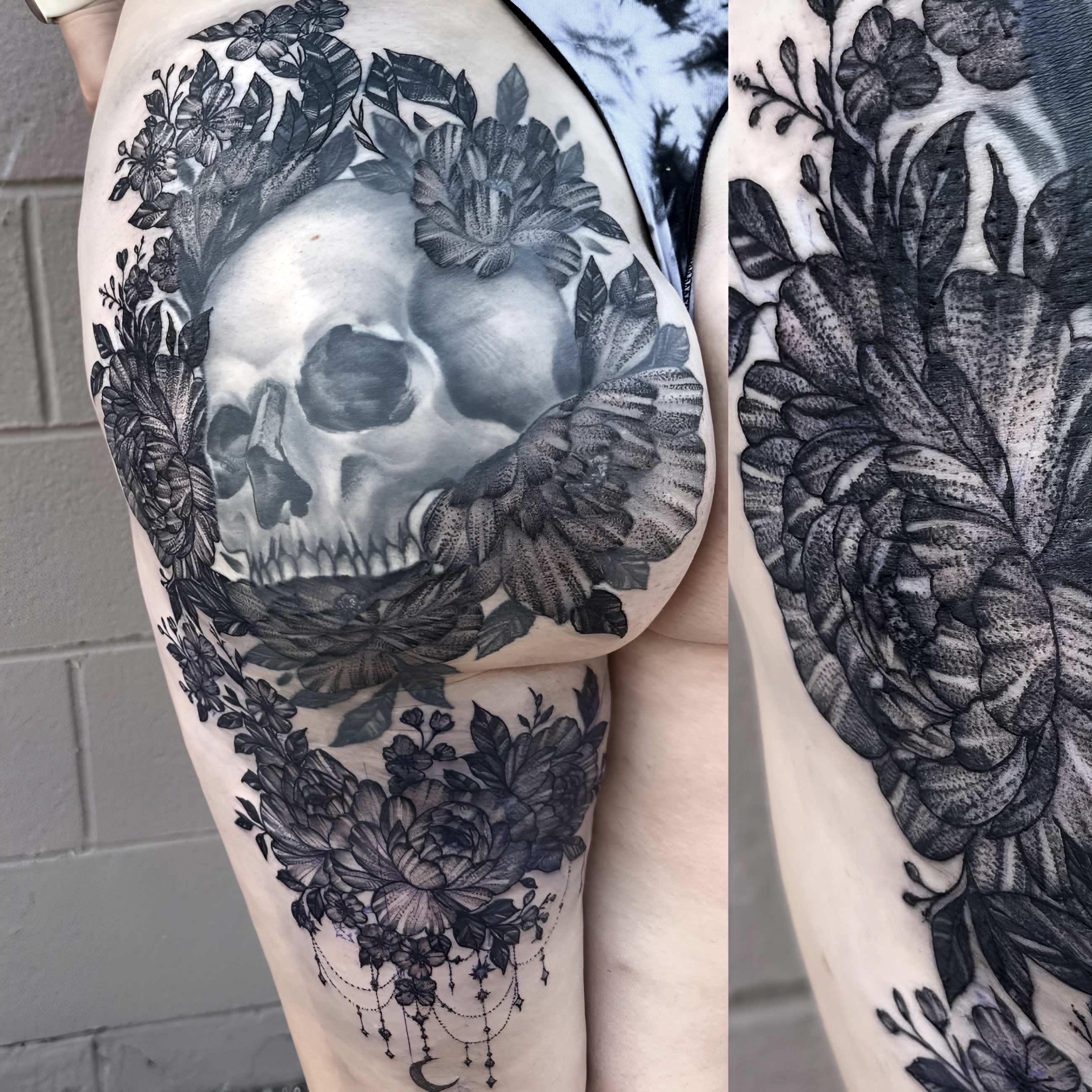 Dainty floral with dangling accents complimenting a skull that is healed! Done by Jessica Beth
#tattoo #bootytattoo #botanicaltattoo #allegoryink #michigantattooer