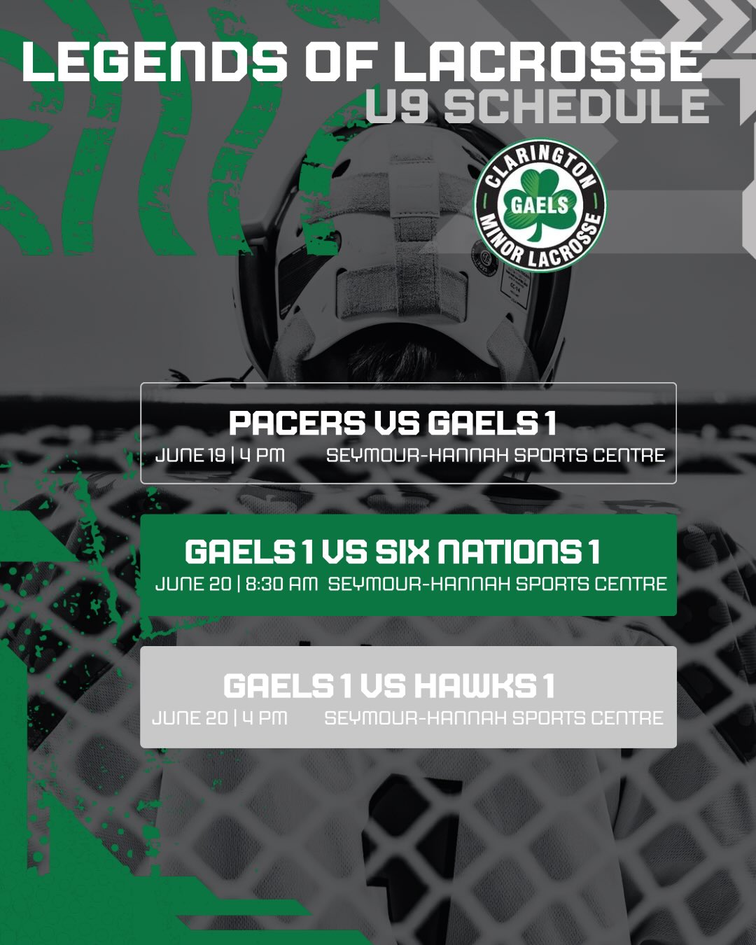 Legends of Lacrosse – St. Catharines Bound!
Our Gaels are headed to St. Catharines this weekend for the Legends of Lacrosse tournament at the Seymour-Hannah Sports Centre, with both the U9-1 and U17 teams set for a busy weekend of competition!
U9 Schedule
• June 19 – vs Pacers 1 (4:00 PM)
• June 20 – vs Six Nations 1 (8:30 AM)
• June 20 – vs Hawks 1 (4:00 PM)
U17 Schedule
• June 19 – vs Pacers (9:15 PM)
• June 20 – vs Raiders (2:45 PM)
• June 20 – vs Blaze 1 (9:15 PM)
Good luck to all our players, coaches, and families as they represent Clarington on the road. Play hard, compete with pride, and make some memories this weekend!
#GaelsNation #LegendsOfLacrosse #BoxLacrosse #MinorLacrosse #TournamentTime