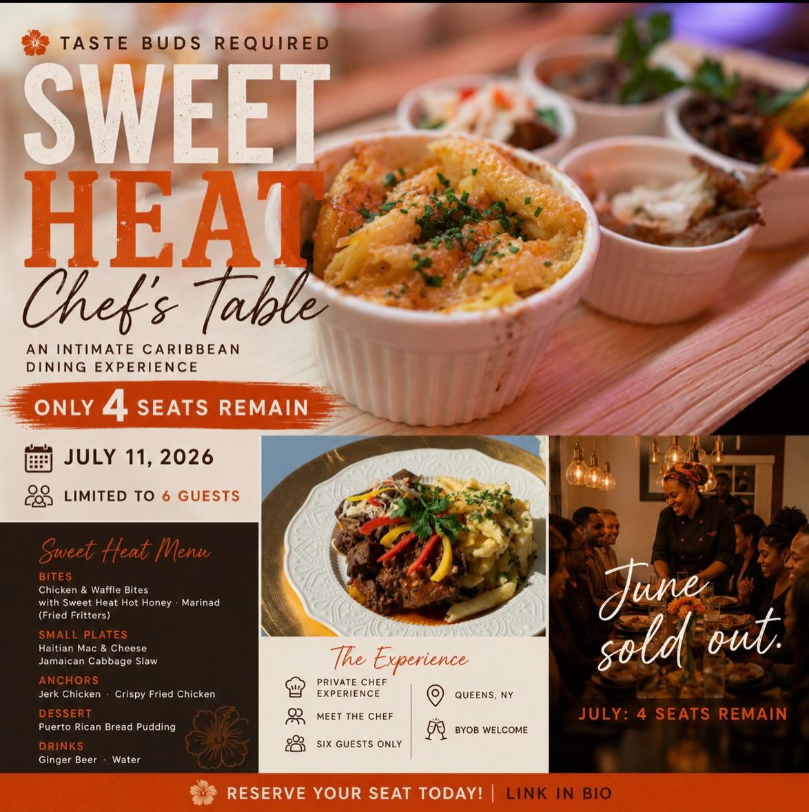 🔥 ONLY 4 SEATS REMAIN 🔥
Last month’s Chef’s Table sold out.
This month’s seats are already disappearing.
Join me on July 11 for Sweet Heat, an intimate Caribbean dining experience featuring crispy fried chicken, jerk chicken, Haitian mac & cheese, sweet heat hot honey, and a few of my favorite comfort-food-inspired dishes.
🍗 Bites
Chicken & Waffle Bites with Sweet Heat Hot Honey
Marinad (Fried Fritters)
🧀 Small Plates
Haitian Mac & Cheese
Jamaican Cabbage Slaw
🔥 Anchors
Jerk Chicken
Crispy Fried Chicken
🍮 Dessert
Puerto Rican Bread Pudding
🥤 Drinks
Ginger Beer & Water
Chef’s Table is designed for just six guests. It’s part dinner party, part culinary experience, and one of my favorite ways to share the stories, flavors, and traditions that inspire Taste Buds Required.
📅 July 11, 2026
📍 Queens, NY
👥 Limited to 6 guests
Only 4 seats remain.
Reserve your seat through the link in bio before they’re gone.
#TasteBudsRequired #ChefsTable #SweetHeat #CaribbeanFood #HaitianFood QueensNYC NYCFoodie PrivateDining DinnerExperience FoodLovers WestchesterFoodie NYCEats
