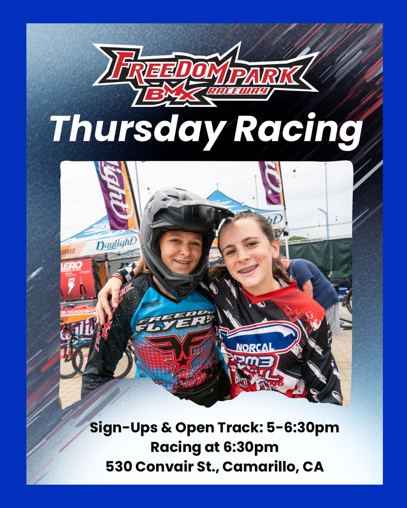 We are ready to roll for Thursday night racing at Freedom Park BMX 🏁
Sign-ups and open track: 5-6:30PM, racing begins at 6:30PM. $15 per racer. All riders welcome!
See you at the track!
#freedomparkbmx #usabmx #bmxracing #venturacounty #camarillo
