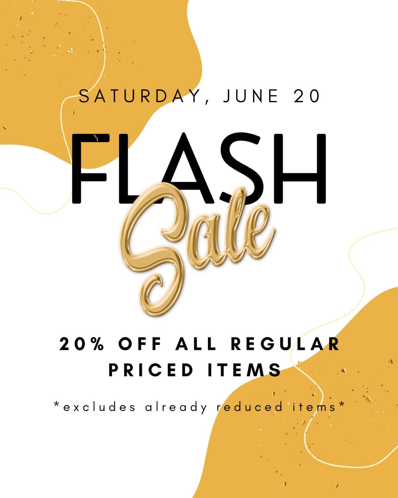 Weโre having a flash sale this SATURDAY, June 20! โจ
20% off all regular priced items! Open 10am - 5pm.
*excludes already reduced items*