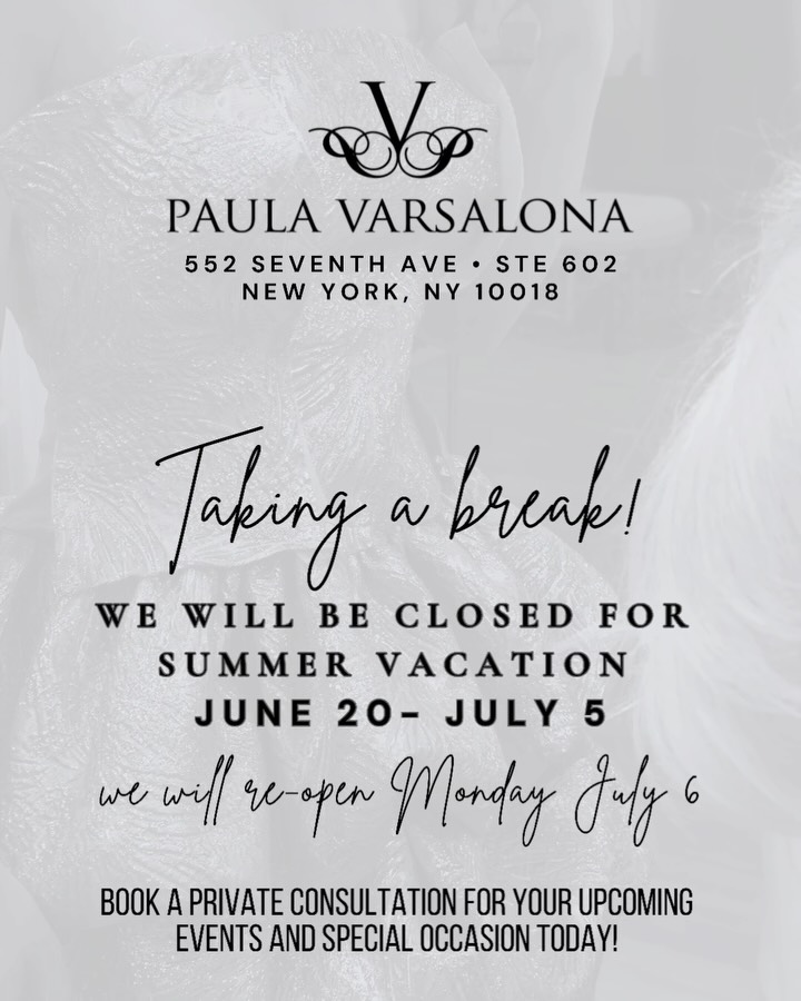 Our atelier will be closed Saturday, June 20th through Sunday, July 5th as our team takes a little summer break to rest, recharge, and find fresh inspiration.
We will officially reopen on Monday, July 6th!
⨠Planning a Winter or Spring Event?
While we are away, now is the perfect time to get on our calendar. Dates for the upcoming seasons fill up quickly! Head to our link in bio to schedule your private consultation, and we will confirm all requests as soon as we return.
Wishing you all a beautiful start to summer! š„
With love,
Paula Varsalona & Staff
