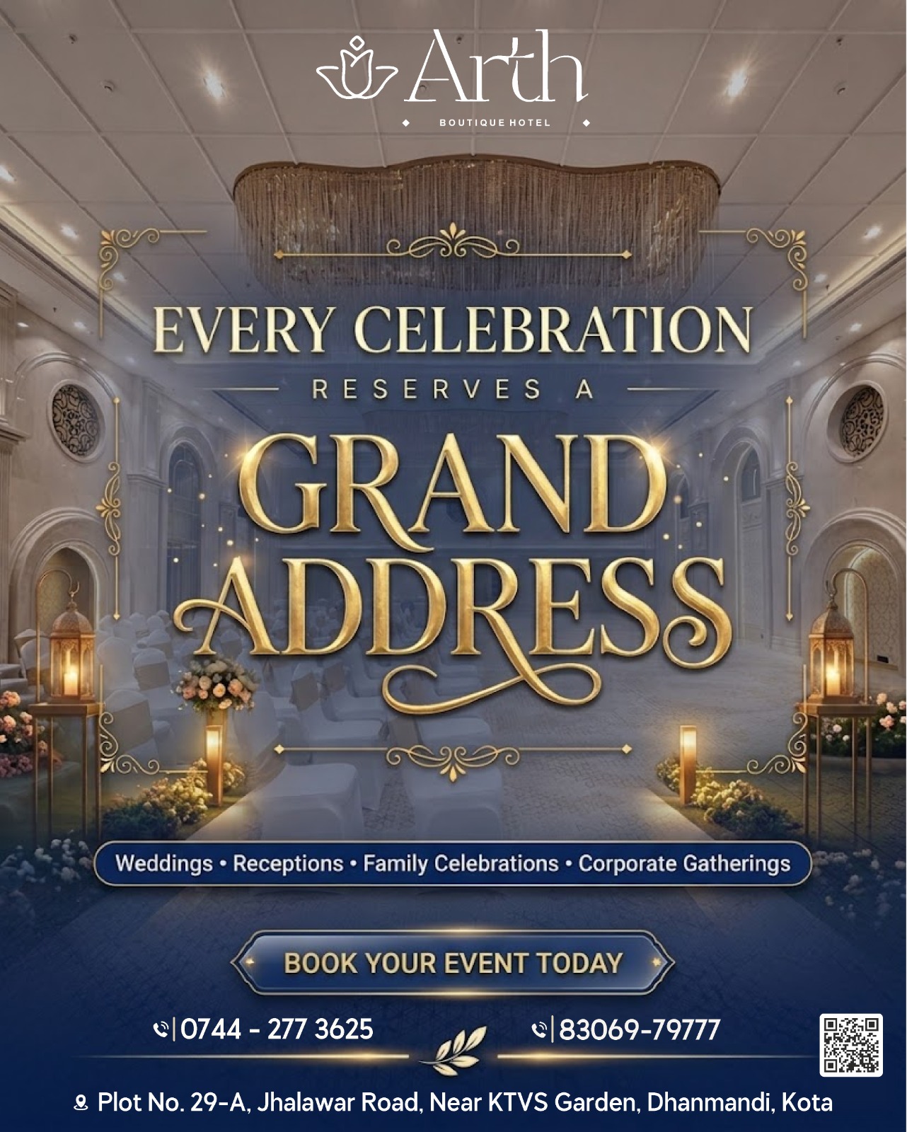 ✨ हर खास पल के लिए एक शानदार Venue! 🎉
Weddings, Receptions, Corporate Events या Family Celebrations — Arth Boutique Hotel बनाएं आपके हर आयोजन को यादगार।
📍 Plot No. 29-A, Jhalawar Road, Near KTVS Garden, Dhanmandi, Kota, Rajasthan
📞 0744-277 3625 | 83069-79777
🌐 www.arthboutiquehotel.com
.
.
#ArthBoutiqueHotel #GrandCelebrations #WeddingVenue #ReceptionHall #CorporateEvents #FamilyFunctions #EventVenue #LuxuryEvents