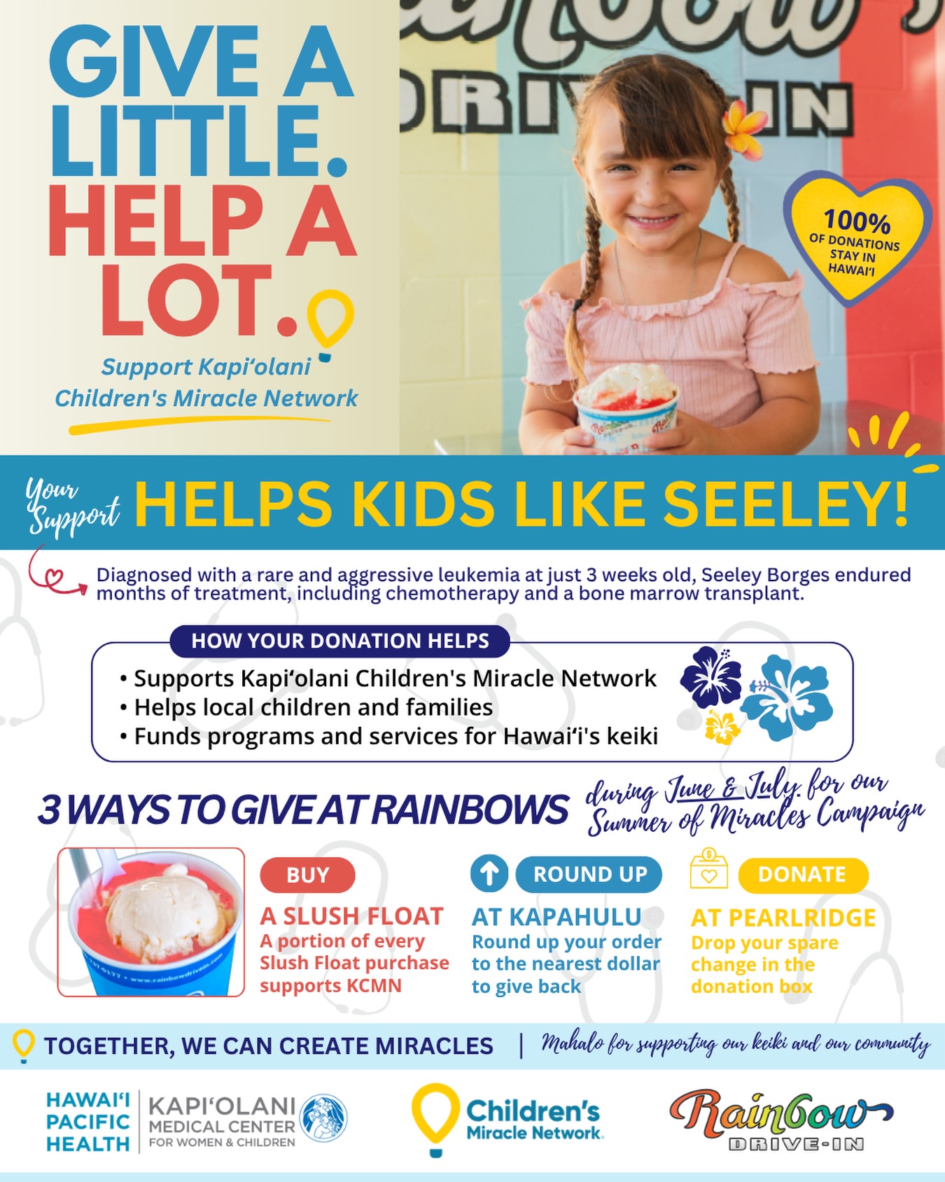 🌈 This June and July, Rainbow Drive-In is celebrating its Summer of Miracles in support of @kapiolanimedicalcenter
There are three easy ways to help. Purchase a Slush Float with a portion of every purchase supporting Kapiʻolani Children’s Miracle Network, round up your order at Rainbow Drive-In Kapahulu, or donate your spare change at Rainbow Drive-In Pearlridge.
100% of donations stay right here in Hawaiʻi, helping local children and families like @seeley_borges ☺️
Join Rainbow Drive-In’s Summer of Miracles and help make a difference for Hawaiʻi’s keiki!
#rainbowdrivein #childrensmiraclenetwork #summerofmiracles