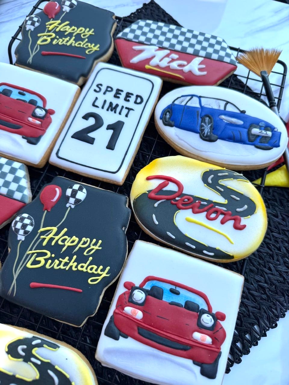 Happiest of 21st birthdays to Nick and Devin who share a love for cars. Especially the Miata and the BMW M3 Wagon with a racing theme. All in cookie form of course!