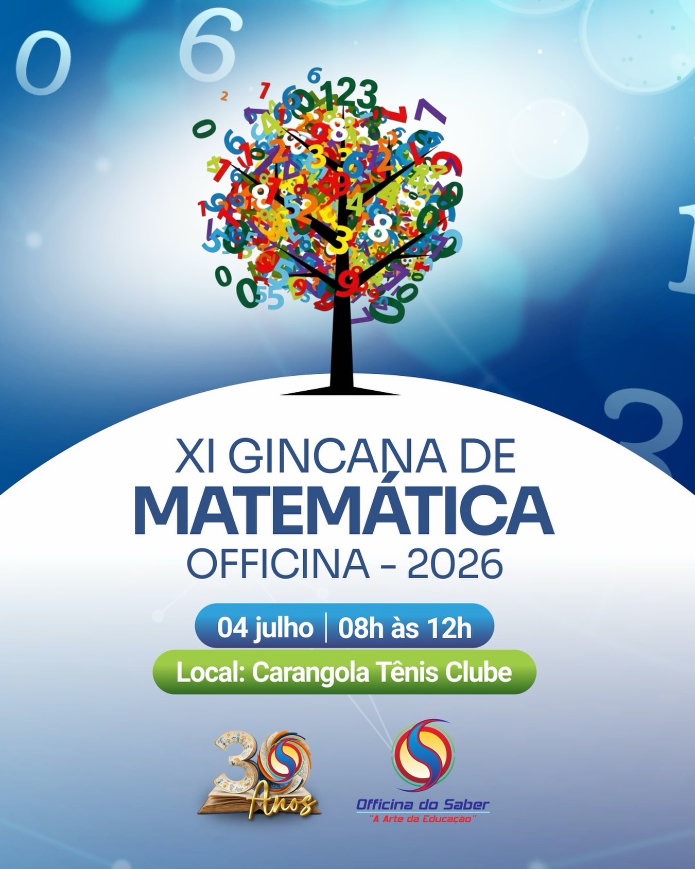 ✨ 30 anos de história, aprendizado e muita emoção! ✨
Para celebrar as três décadas da Officina do Saber, preparamos uma edição histórica da nossa XI Gincana de Matemática! Mais do que equações e fórmulas, o que vale aqui é o trabalho em equipe, a amizade e a diversão.
Convocamos todos os alunos das equipes Vermelho, Amarelo, Azul e Verde para darem o seu melhor no dia 04 de julho, das 08h às 12h, no Carangola Tênis Clube.
Que vença a equipe que souber somar mais alegria e multiplicar o espírito esportivo! 🧮💪
#Officina30Anos #AArteDaEducacao #GincanaDeMatematica #EducacaoCarangola