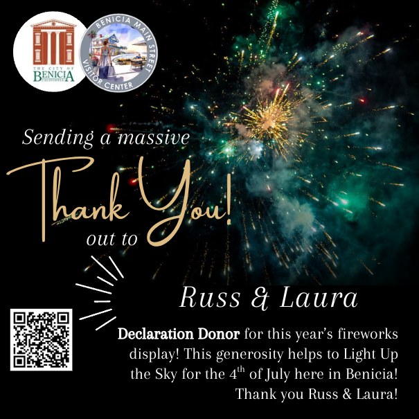 Help LIGHT UP THE SKY this 4th of July! 🎆 Benicia, we’re raising funds right now to bring back the 2026 4th of July fireworks show—and to celebrate 250 years of American independence in a big way! 🇺🇸
- On July 3rd, Benicia Main Street will once again host our beloved Torchlight Parade.
- On July 4th, with your help, we’ll fill the waterfront sky with fireworks for the whole community to enjoy.
Our goal: $50,000
This covers the fireworks display, plus essentials like cleanup, portable restrooms, and equipment rentals.
HOW YOU CAN HELP:
💳 Donate as an individual or business—every dollar counts.
⭐ Become a Sponsor (from $100 up to $10,000) and enjoy perks like:
- Name & logo recognition
- Parade banner visibility
- Prime-viewing seats for the fireworks
- An exclusive pre-fireworks reception
👥 OR Form a KaBOOM! Fundraising Team
Teams can be local businesses, community groups, neighbors, or friends & family. Raise funds, send us your best fun “smack talk”, and we’ll share highlights on social for extra buzz!
- Top 3 teams win PRIME-VIEWING SEATS + PRE-FIREWORKS RECEPTION
🔗 DONATE OR REGISTER YOUR TEAM TODAY at BeniciaMainStreet.org (under "Events") or give in person at our clear collection box:
- Benicia Main Street Visitor Center
- Benicia Certified Market, Thursdays starting April 30, 2026
Let's come together to light up Benicia's sky & spirit for America’s 250th! ✨ Link in bio
#LightUpTheBeniciaSky #BeniciaFireworks #BeniciaCommunity
