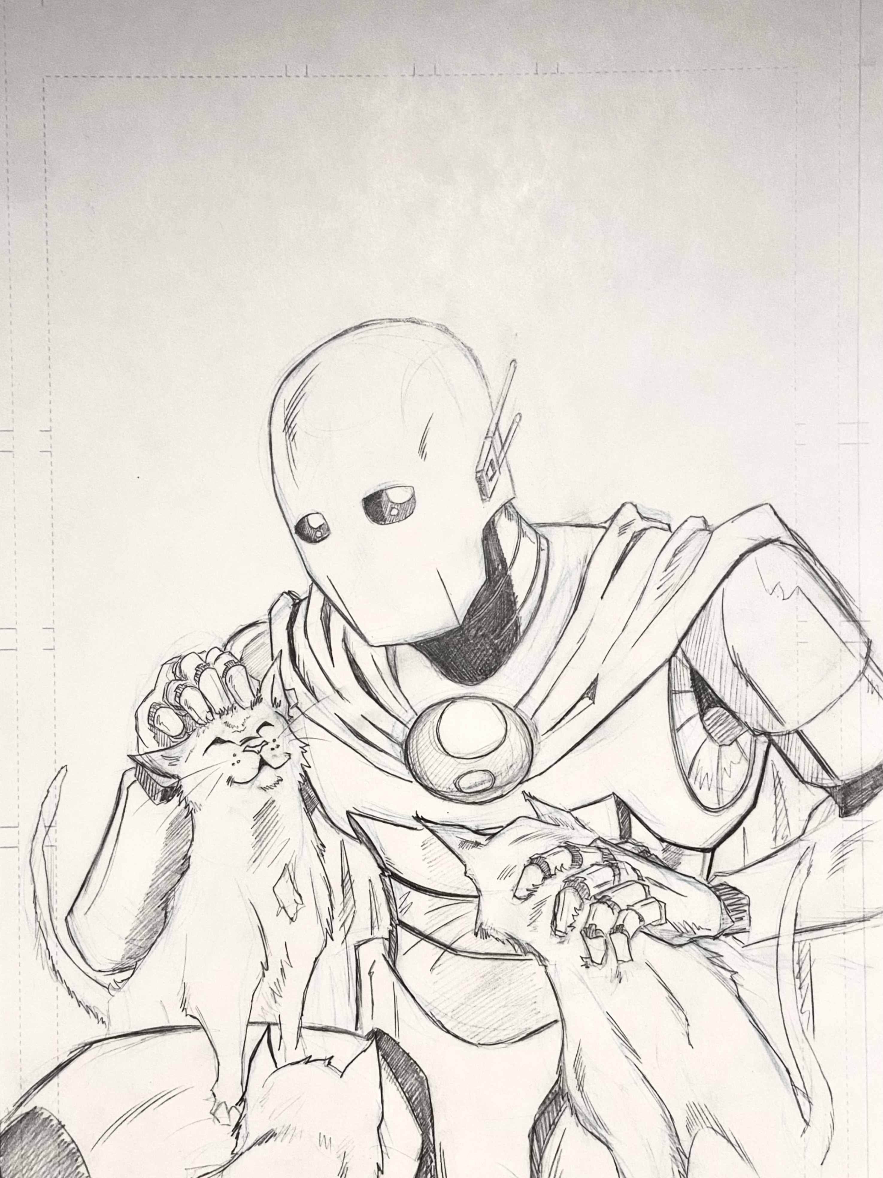Pencils from Anomaly no. 6: Anomaly encounters some friendly cats. One of the first interactions with the outside world that doesn’t result in a fight. Cats will rub up against anything, and if anyone was gonna like Anomaly, it’d be cats.
#Anomaly #RobotSuperhero #Cats
#CamdensComics #CreatorOwned