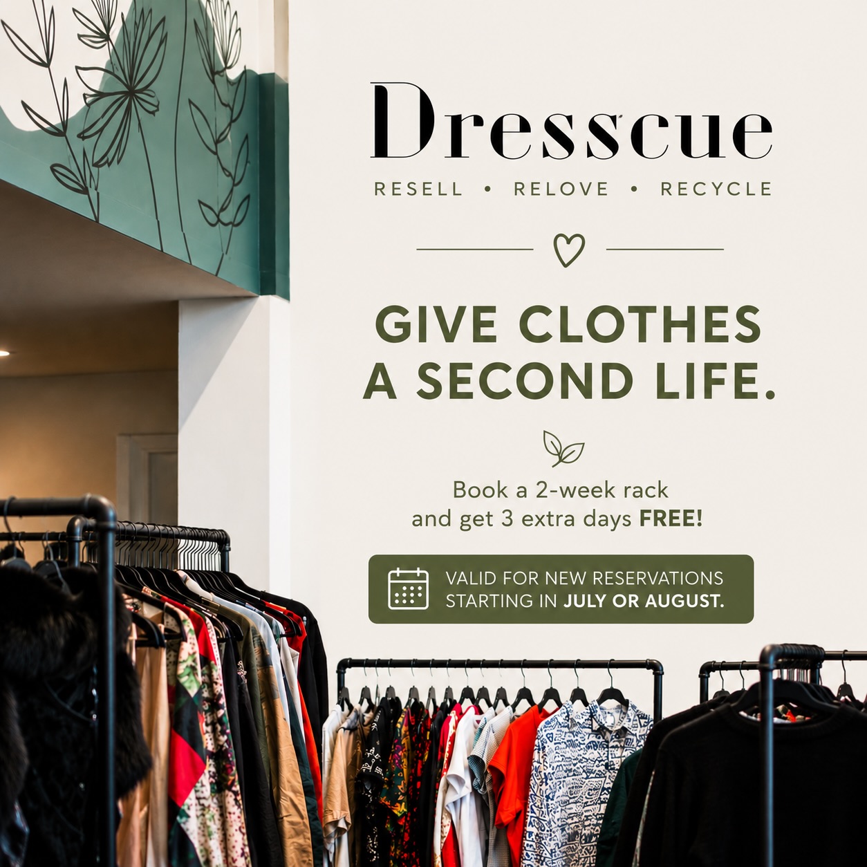 Before Dresscue (hopefully) begins its next chapter with a new owner, we have one final goal. 💚Let’s keep even more clothing out of landfills.
Book any 2-week rack rental and get 3 extra days FREE! ♻️
✨ Valid for new reservations starting in July or August.
Help us give even more clothes a second life before this chapter comes to an end. Thank you for being part of this incredible community. 💚