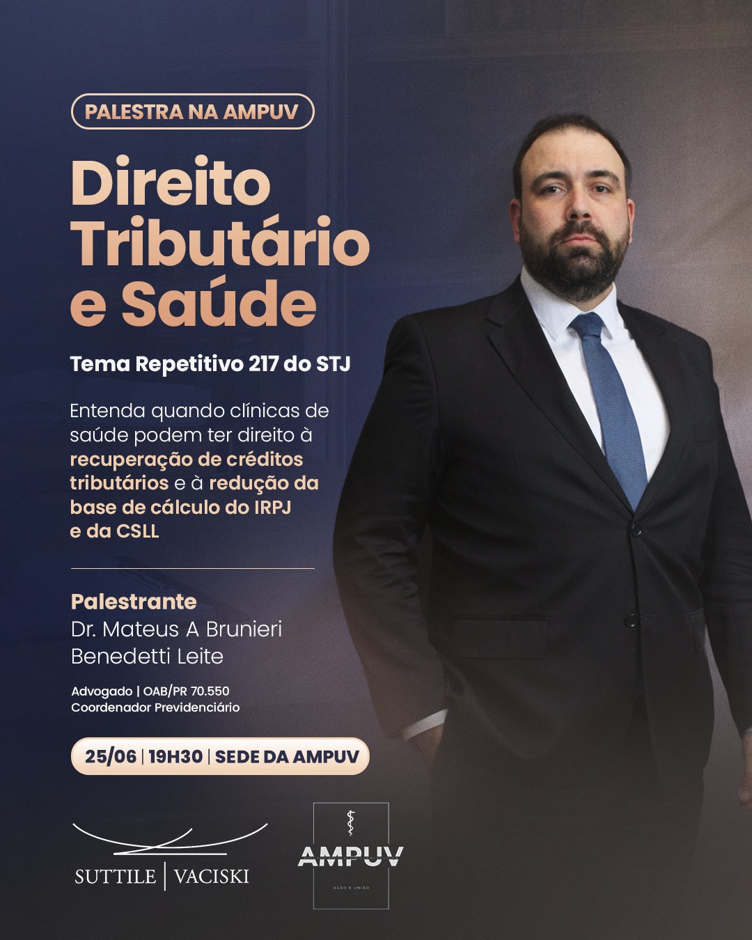 Hoje, às 19h30, a AMPUV recebe mais uma edição do Conhecimento que Transforma a Prática, reunindo especialistas para debater temas atuais e relevantes para a área da saúde.
Entre os palestrantes, o advogado Dr. Mateus A. Brunieri Benedetti Leite abordará o Tema Repetitivo 217 do STJ, explicando quando clínicas de saúde podem ter direito à recuperação de créditos tributários e à redução da base de cálculo do IRPJ e da CSLL.
Esperamos você para uma noite de muito aprendizado e troca de experiências!
📅 Hoje
🕢 19h30
📍 Sede da AMPUV