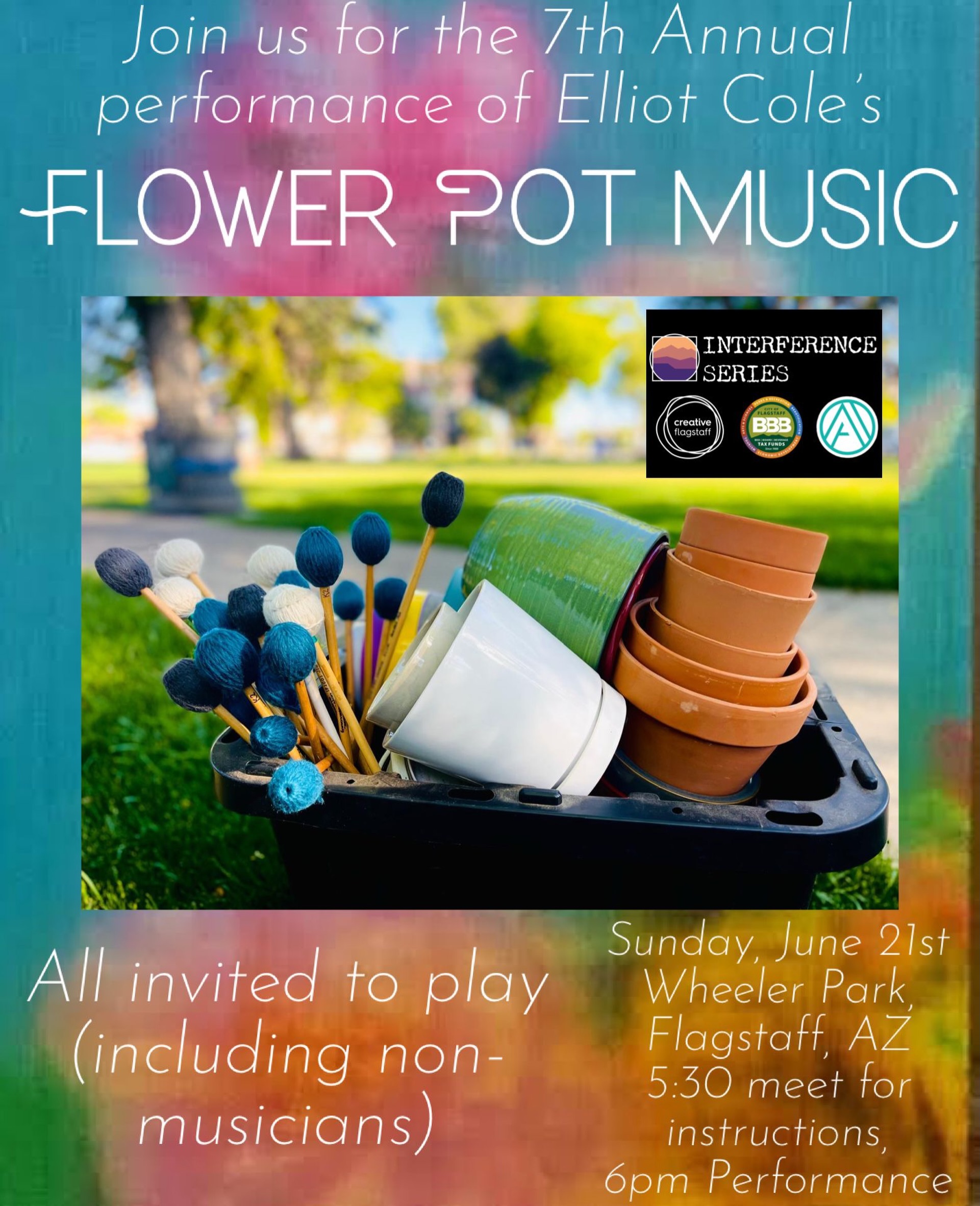Our final FREE event of Season 11 is just a few hours away! Join us tonight (6/21) at 5:30pm at Wheeler Park for a fun and meditative performance of Flower Pot Music by @elliotcole and facilitated by @owen_davis_music928
Bring a flowerpot or resonant vessel (we have a small collection for your use as well) and get ready for a great time 🌻