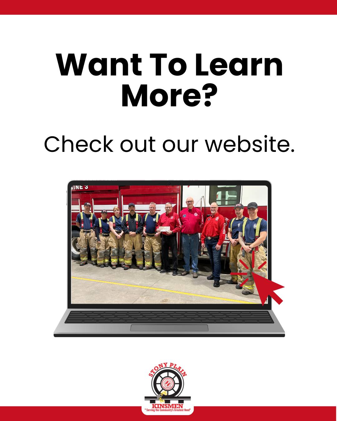 Want to learn more about who we are and what we do?
Visit www.stonyplainkinsmen.ca to discover how the Stony Plain Kinsmen serve our community's greatest needs!
On our website you can:
- Learn how to become a member and join our mission
- Volunteer your time to make a difference
- Support our initiatives through donations
- Learn about our community programs and events
Together, we're building a stronger community. Click the link in our bio to get started! ❤️