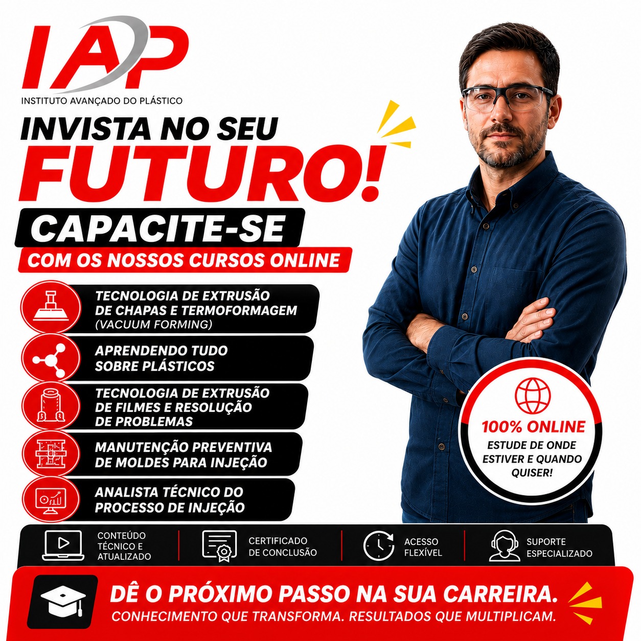 Invista no seu futuro com quem entende.
Capacite-se com cursos 100% online desenvolvidos para profissionais que querem evoluir na indústria plástica, ampliar conhecimentos técnicos e se destacar no mercado.
✅ Estude no seu ritmo
✅ Conteúdo técnico atualizado
✅ Certificado de conclusão
✅ Suporte especializado
Escolha o curso ideal para sua carreira e dê o próximo passo profissional hoje mesmo.
🎓 IAP – Instituto Avançado do Plástico
📲 Inscreva-se agora e transforme conhecimento em resultados.
🌐 www.planetaplastico.com.br
📞 (11) 98566-8803 | (11) 4352-9400
#CursosOnline #IndustriaPlastica #InjecaoPlastica #Extrusao #Termoformagem #Plasticos #CapacitacaoProfissional #IAP #InstitutoAvancadoDoPlastico #EngenhariaDeProcessos #TreinamentoTecnico