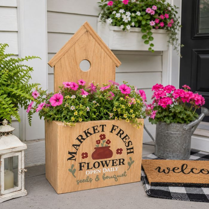 Handcrafted rustic charm for porch, patio, or kitchen — meet the Rustic Birdhouse Planter 🌿 18" tall with an 8x8x8" planting box. Pick your stain or go unfinished; stencil options available. Plants and liner not included. Link in Bio #RusticDecor #BirdhousePlanter #PlantStyling #FarmhouseVibes #Handmade