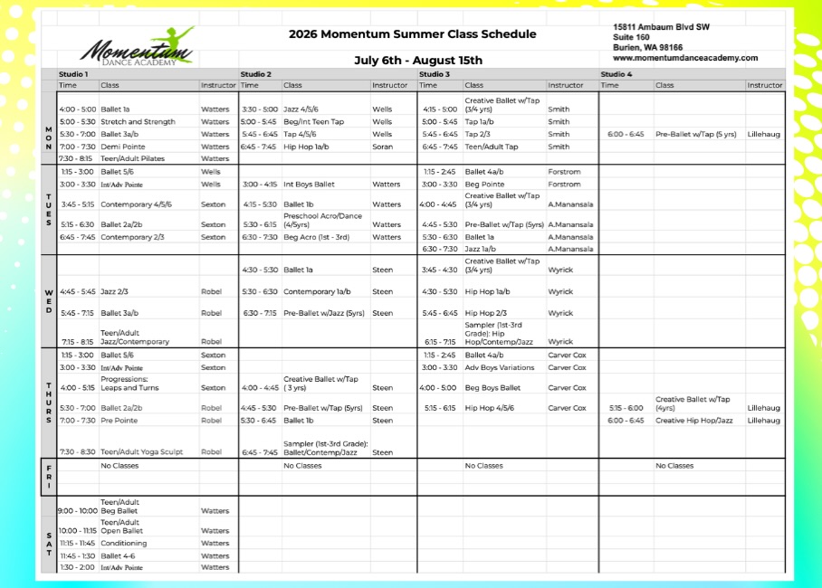 ☀️🩰 SUMMER DANCE IS ALMOST HERE! 🕺✨
Keep dancing all summer long with us at Momentum Dance Academy! From Ballet, Hip Hop, Jazz, Contemporary, Tap, Acro, Musical Theater, Conditioning, and more, we have classes for dancers of all ages and levels.
📅 July 6th – August 15th, 2026
Whether you’re continuing your training, trying a new style, or just looking for a fun way to stay active this summer, there’s a class for you!
💚 Build confidence
💚 Make new friends
💚 Stay strong and inspired
💚 Keep your dance skills growing
Spots are limited, so register today and make this your best summer yet! 🌟
🔗 Register now: https://www.momentumdanceacademy.org/summer-classes
#MomentumDanceAcademy #SummerDance #DanceAllSummer #Ballet #HipHop Jazz Tap ContemporaryDance AcroDance DanceTraining BurienWA SeattleDance