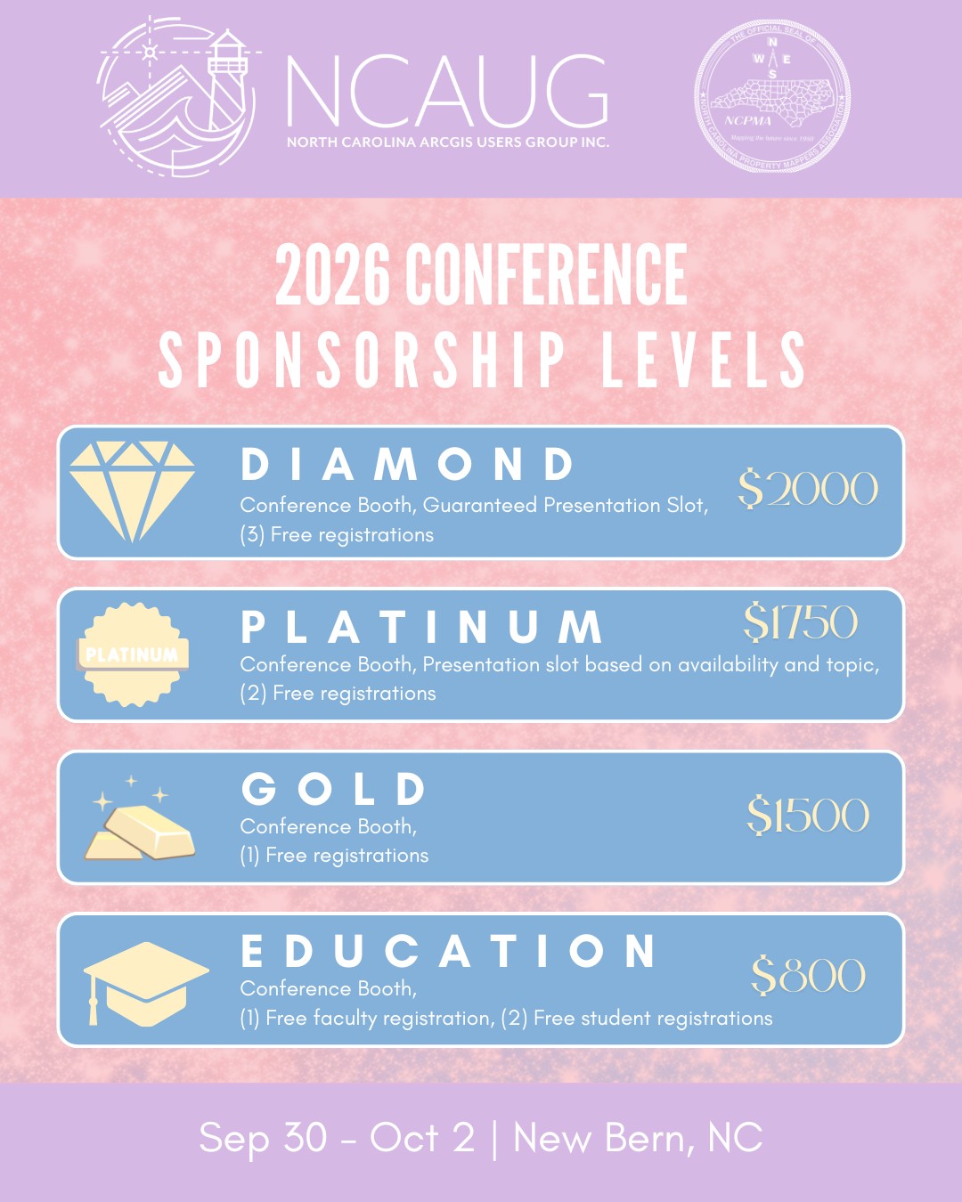 ๐ Partner with NCAUG + Showcase Your Organization! ๐
Sponsorship opportunities are available for the NCAUG + NCPMA Fall Conference in New Bern, NC, and weโd love to have your organization involved! Connect with GIS, mapping, planning, and geospatial professionals from across North Carolina while supporting education, innovation, and community.
๐ Diamond Sponsor โ $2,000
โ๏ธ Conference booth
โ๏ธ Guaranteed presentation slot
โ๏ธ (3) complimentary registrations
โจ Platinum Sponsor โ $1,750
โ๏ธ Conference booth
โ๏ธ Presentation slot based on availability & topic
โ๏ธ (2) complimentary registrations
๐ฅ Gold Sponsor โ $1,500
โ๏ธ Conference booth
โ๏ธ (1) complimentary registration
๐ Education Sponsor โ $800
โ๏ธ Conference booth
โ๏ธ (1) complimentary faculty registration
โ๏ธ (2) complimentary student registrations
Ready to put your organization in front of North Carolinaโs geospatial community? Reach out to ncaugboard@gmail.com for more information!
๐ Secure your spot today!