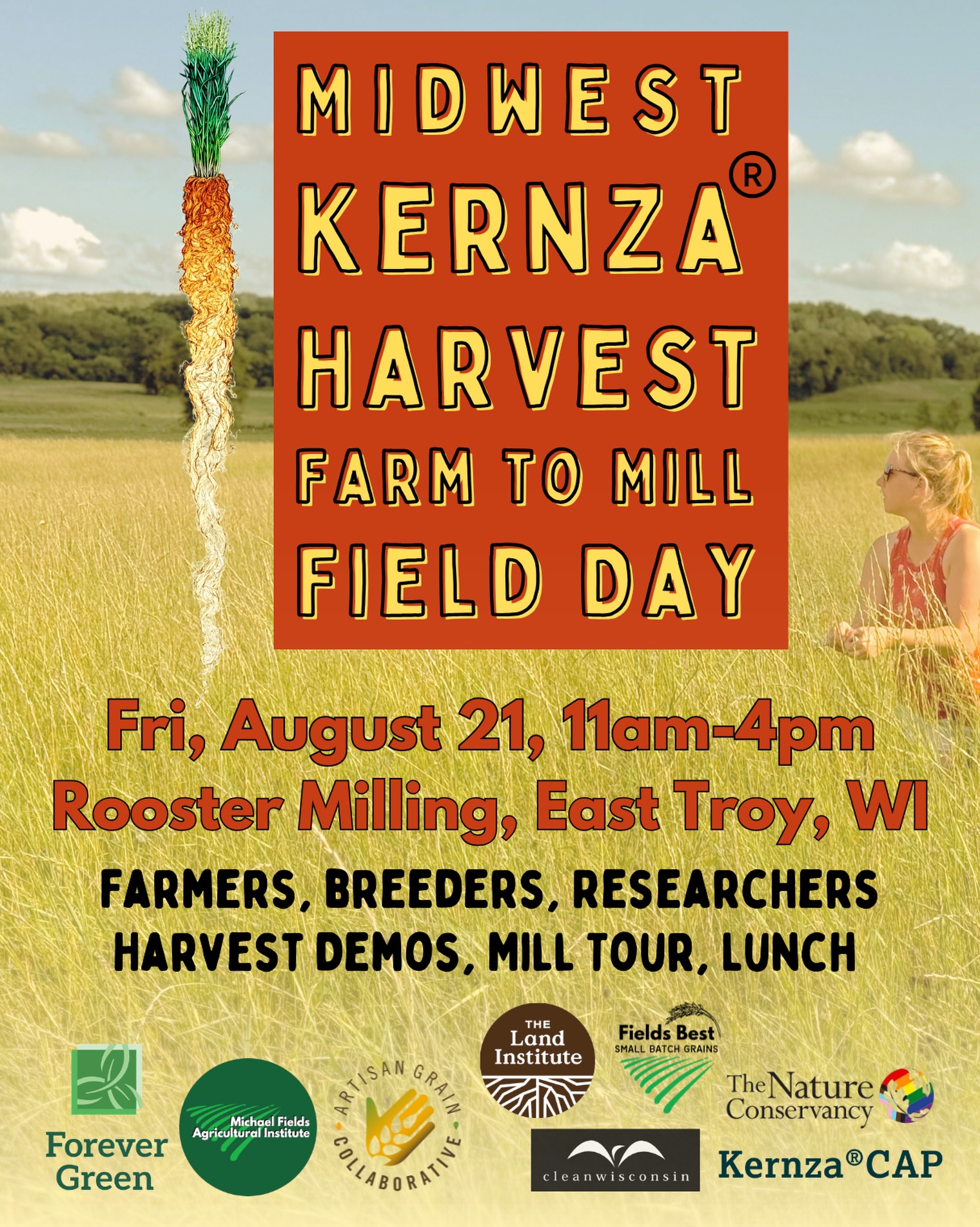 Save the Date! We are really excited for this ALL STAR line up of Kernza farmers, breeders, researchers, bakers, brewers, and more to gather at our research fields and at the mill where we process our flour - Rooster Milling! We will tour the mill and see three different harvest methods in person at New Farm. AND we will hear from 8 experts on various aspects of Kernza cultivation and harvest. See more and RSVP at michaelfields.org/event-list