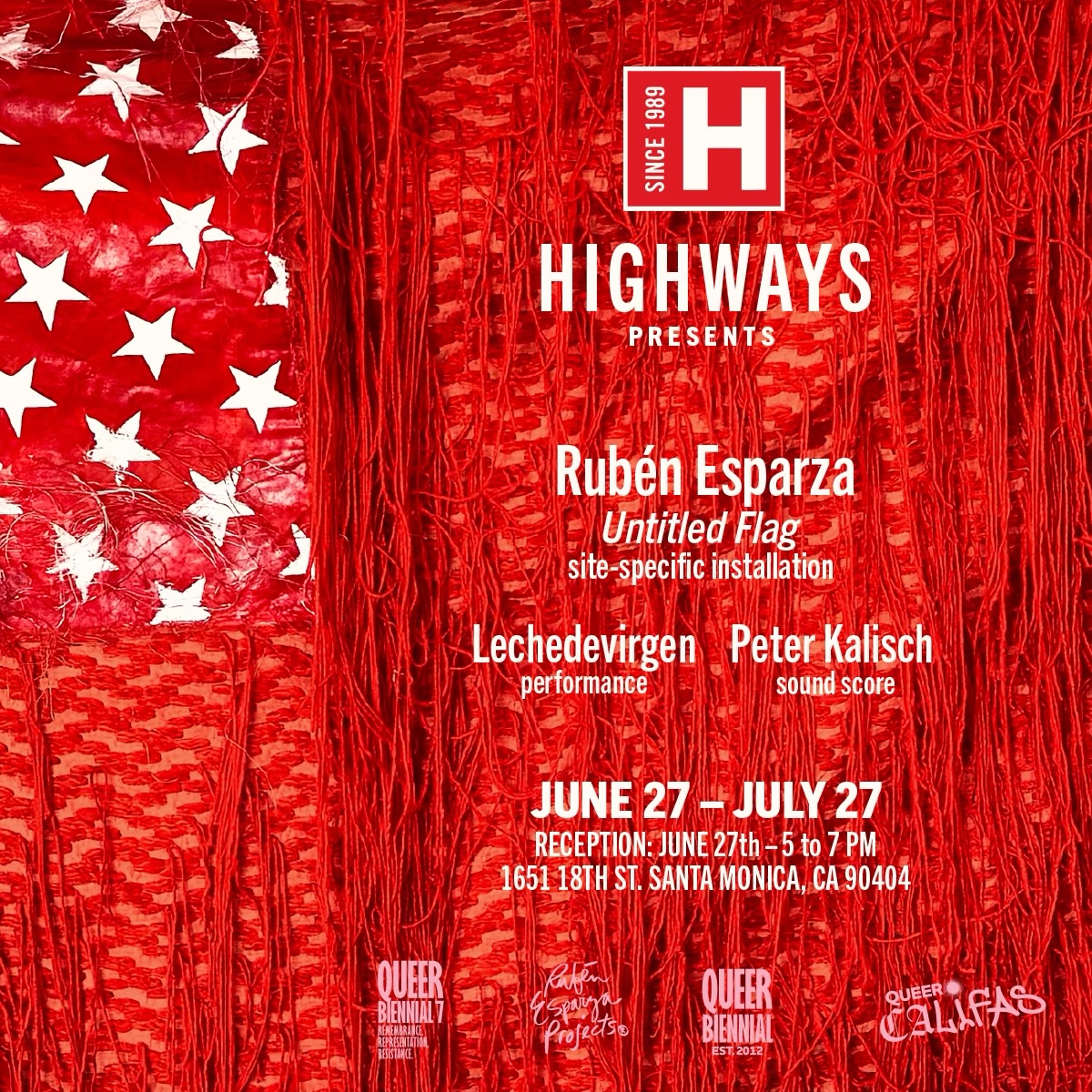 🚩 THIS SATURDAY @ HIGHWAYS 🚩
Join us for the opening reception of Rubén Esparza’s newest work from the Untitled Flag series — a powerful red-on-red reimagining of the American flag that invites reflection on history, memory, power, and resistance. ❤️🔥
✨ Opening Reception + One-Time Performance
📅 Saturday, June 27 | 5–7 PM
📍 Highways Performance Space
🎟️ FREE
As part of the opening, acclaimed performance artist Lechedevirgen presents Red Queen — a durational performance inspired by the seventh-century Maya ruler Lady Tz’akbu Ajaw, connecting ancestral histories to contemporary acts of resistance.
🎧 Throughout the exhibition, an original sound score by Peter Kalisch creates an immersive sonic environment in dialogue with Esparza’s installation.
📍 1651 18th St, Santa Monica
Art. Performance. Sound. History. All in one unforgettable evening. 🔥