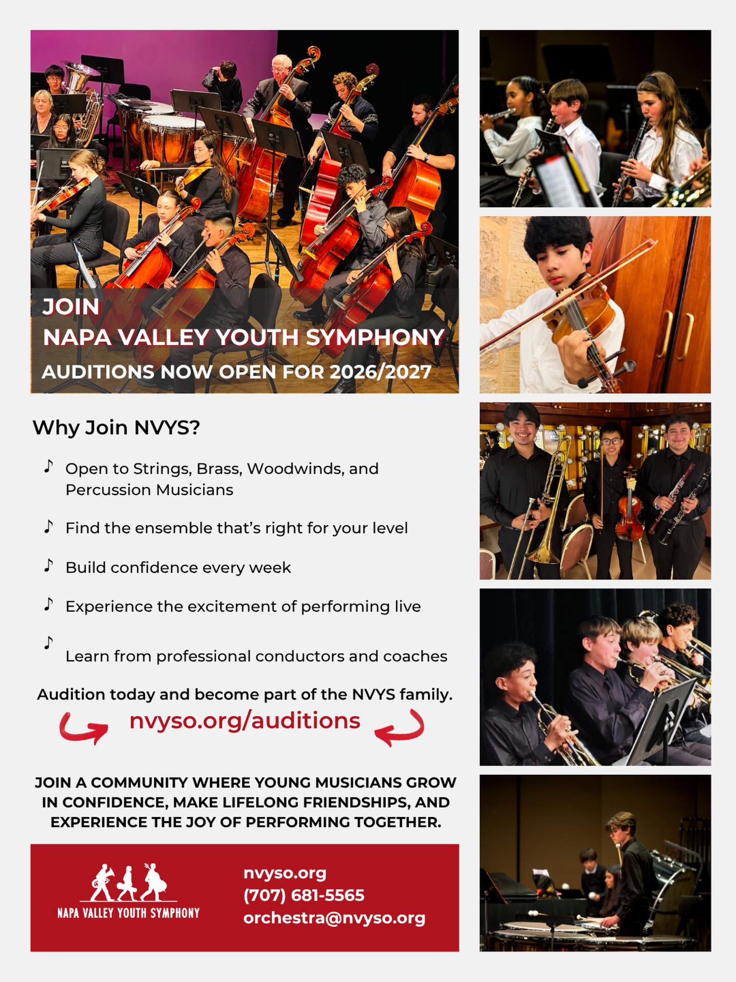 Join Napa Valley Youth Symphony!
Every young musician deserves a place to grow, be challenged, and make lifelong friendships through music.
Whether you play strings, brass, woodwinds, or percussion, NVYS has an ensemble that can help you take the next step in your musical journey.
Our students rehearse weekly, perform inspiring concerts, and learn from experienced conductors and coaches in a supportive community of passionate young musicians.
🎼 Auditions for the 2026–2027 season are now open!
Visit nvyso.org/auditions to learn more and schedule your audition.
🎻 Tag a student musician (or a parent) who should see this!