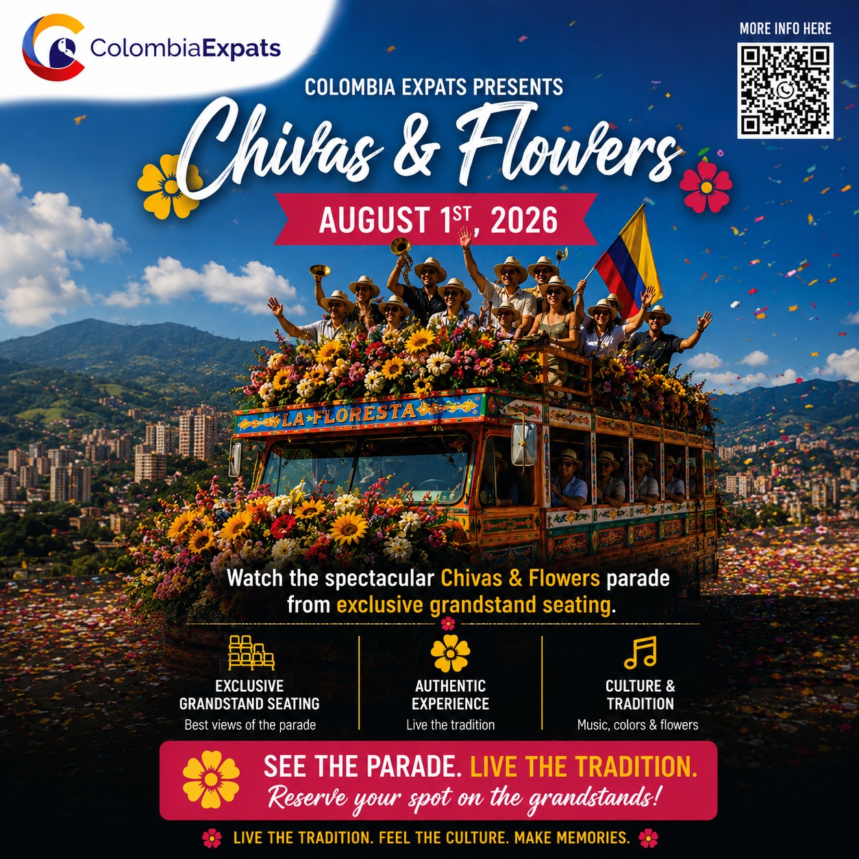 🌸 Not every visitor gets to experience Medellín's Flower Festival this way.🌸
Imagine watching one of Colombia's most colorful traditions from an exclusive grandstand, surrounded by travelers from around the world, while authentic chivas fill the streets with music, flowers and culture.
This is more than a parade...
It's a memory you'll take home forever.
✨ Exclusive grandstand seating
🌎 International atmosphere
📸 Incredible photo opportunities
🎟️ Reserve your spot with Colombia Expats.
📲 +57 3105082718
#Medellin #FeriaDeLasFlores #FlowerFestival #ColombiaExpats #TravelColombia #VisitMedellin