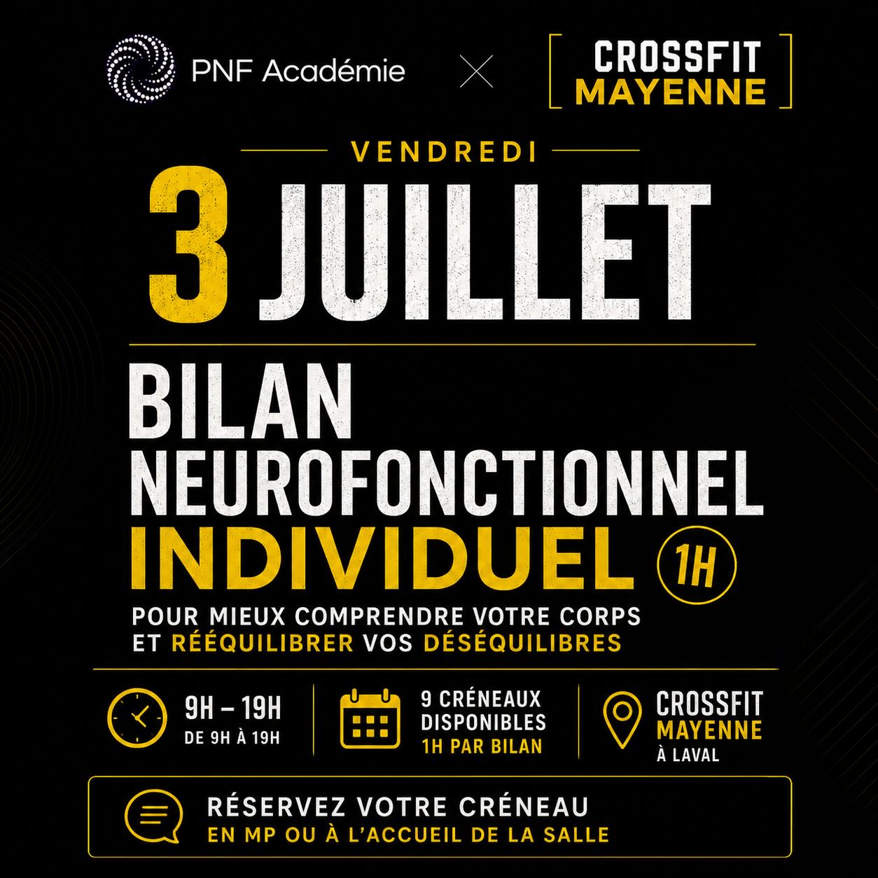 ⚡ SESSION RATTRAPAGE – BILANS NEUROFONCTIONNELS AVEC ARNAUD TORTEL 🧠💪
@pnfacademie
@arnaudtortel
Suite au succès de la première journée du 5 juin dernier, nous avons le plaisir d’accueillir à nouveau Arnaud Tortel, fondateur de la PNF Académie, pour une nouvelle journée de bilans neurofonctionnels individuels chez CrossFit Mayenne.
👉 Si vous n’avez malheureusement pas pu obtenir de créneau ou si vous avez manqué cette première édition, c’est l’occasion de profiter de cette session de rattrapage.
Durant un bilan individuel d’une heure, Arnaud réalise une batterie de tests permettant d’analyser le fonctionnement de votre système neurofonctionnel et d’identifier d’éventuels déséquilibres susceptibles d’influencer votre mobilité, vos douleurs, votre récupération ou vos performances.
Ce rendez-vous peut être particulièrement intéressant si :
✔️ Vous êtes blessé ou en phase de récupération
✔️ Vous souffrez de douleurs récurrentes ou inexpliquées
✔️ Vous souhaitez optimiser vos performances sportives
✔️ Vous êtes simplement curieux de mieux comprendre le fonctionnement de votre corps
L’objectif est d’identifier des pistes d’amélioration personnalisées afin d’optimiser votre fonctionnement au quotidien et dans votre pratique sportive.
📅 Vendredi 3 juillet
📍 CrossFit Mayenne – Laval
🕘 De 9h à 19h
⏳ 9 créneaux disponibles uniquement
💰 120 € le bilan individuel (1h)
⚠️ Les places étant limitées, nous vous conseillons de réserver rapidement.
📩 Réservation en message privé ou directement à l’accueil de la salle.