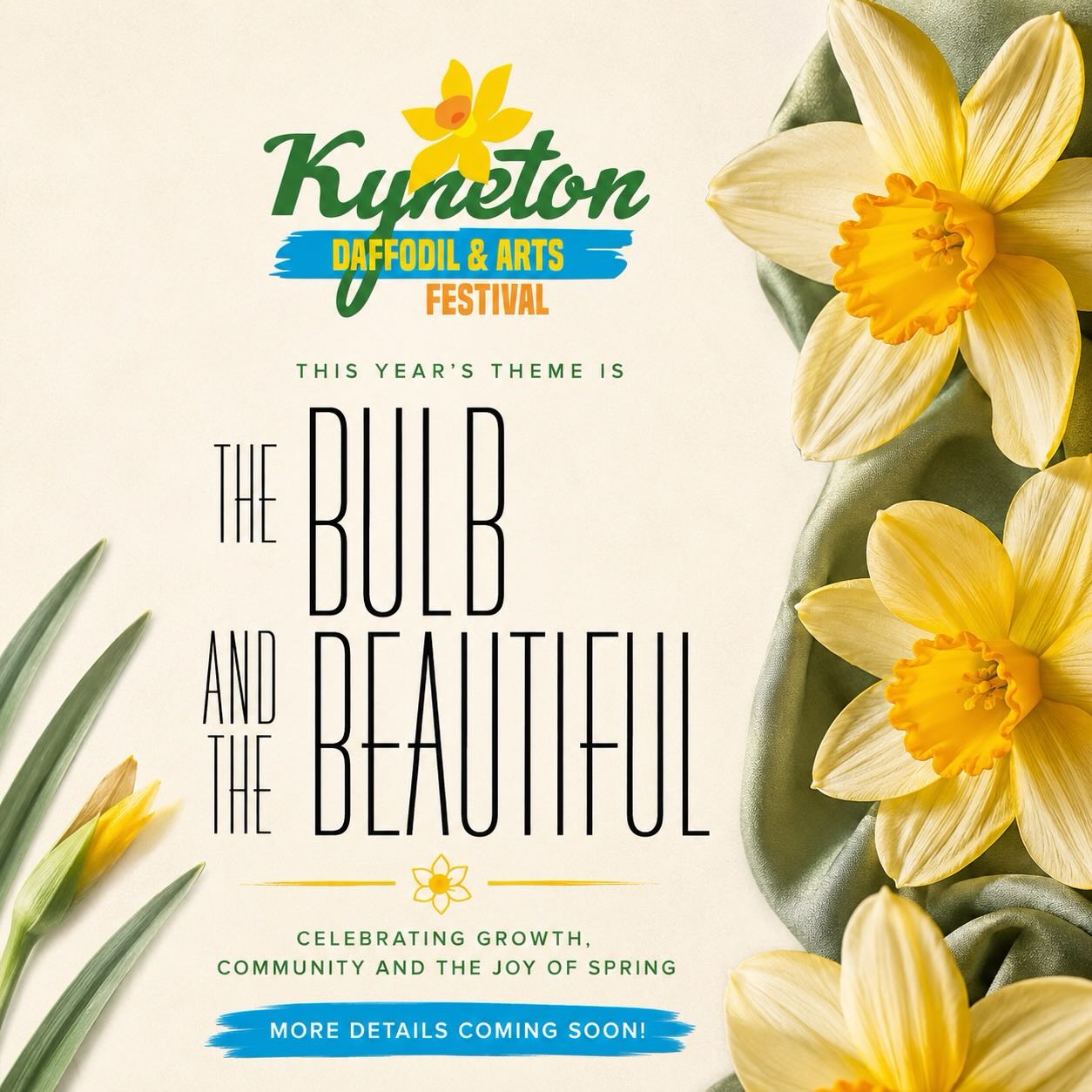 🌼✨ The wait is over…
🎭 Introducing the 2026 Kyneton Daffodil & Arts Festival theme…
THE BULB AND THE BEAUTIFUL
Expect blooming rivalries, dazzling displays, unforgettable events, colourful characters and plenty of surprises as Kyneton comes to life this September.
This is just the beginning… 👀
Keep your eyes on our page as we reveal this year’s exciting program, competitions, entertainment and everything else we’ve been growing behind the scenes.
🌼 It’s going to be blooming beautiful.
#KynetonDaffodilFestival #TheBulbAndTheBeautiful #VisitKyneton #MacedonRanges #springinkyneton