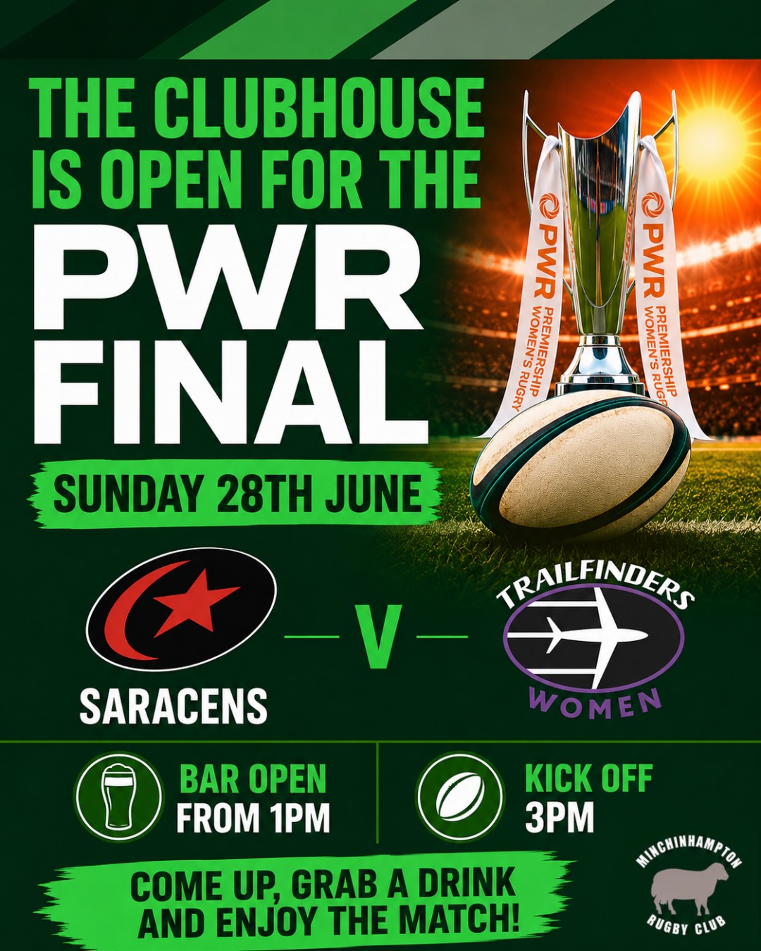 🏉 PWR FINAL LIVE AT MINCHINHAMPTON RFC! 🏆
đź“… Sunday 28th June
🍻 Bar open from 1pm
🏉 Kick-off: 3pm
🍺 £2 a pint until the barrel runs dry!
Join us at Hollybush to watch Saracens 🆚 Trailfinders Women battle it out for the PWR title on the big screen.
Bring your friends, grab a drink, and enjoy a brilliant afternoon of top-class rugby in great company! đź’š
#rugby #minchrfc #minchinhampton #womensrugby #PWRfinal