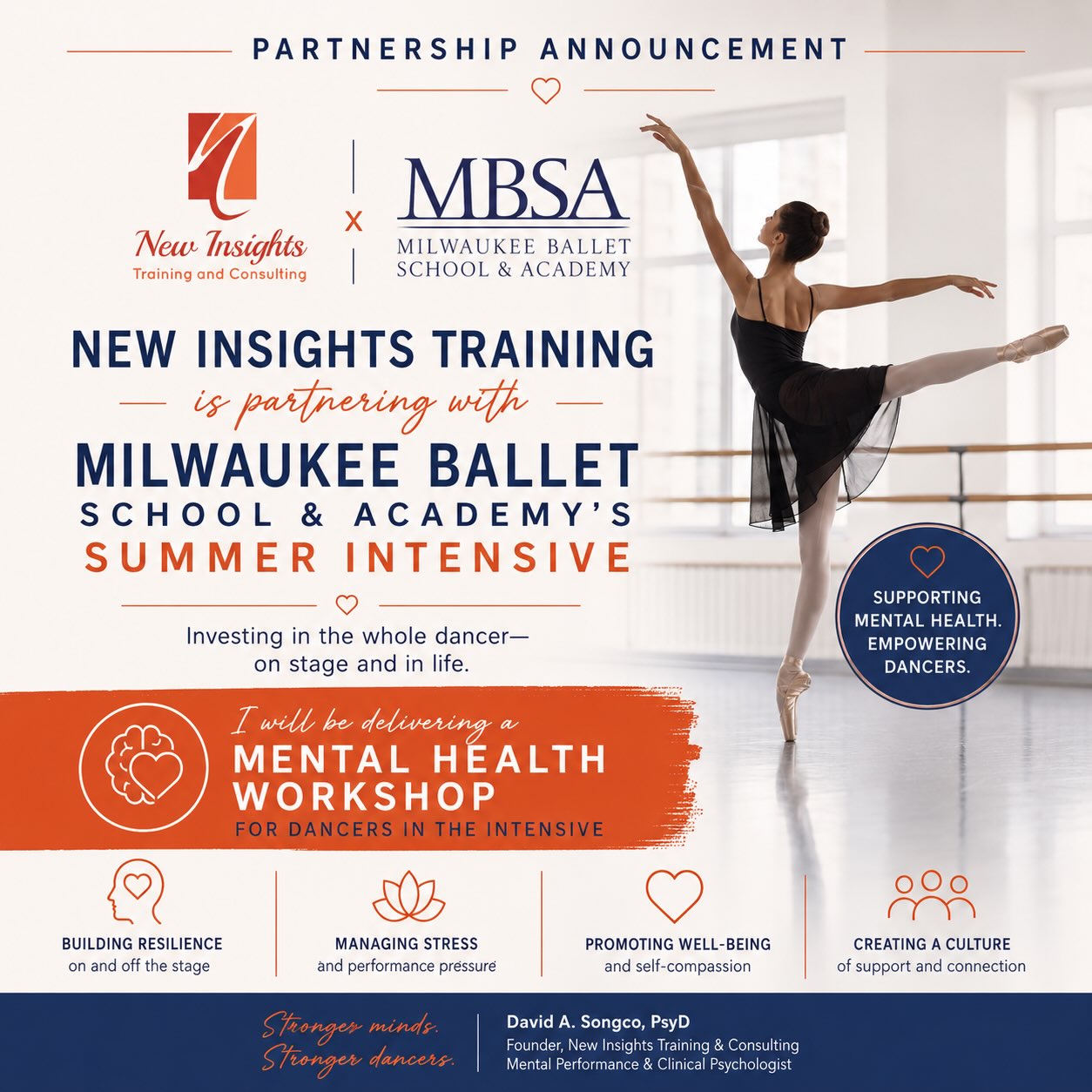 Excited to partner with Milwaukee Ballet School & Academy’s Summer Intensive to support the mental health and well-being of the next generation of dancers.
Dance training develops incredible discipline, artistry, and resilience. At the same time, young performers often navigate perfectionism, performance pressure, injury, self-doubt, and the challenges that come with pursuing excellence.
Through New Insights Training & Consulting, I’ll be leading a mental health workshop focused on building practical skills for resilience, stress management, self-compassion, and sustainable performance.
Strong dancers are built not only through physical training, but through mental strength as well.
Thank you to Milwaukee Ballet School & Academy for recognizing the importance of supporting the whole dancer—on stage and in life.
#MilwaukeeBallet #MBSA #SummerIntensive #MentalHealth #PerformancePsychology MentalPerformance DancePsychology DancerWellness BalletLife DanceEducation Resilience NewInsightsTraining MentalSkills PerformingArts StrongMindsStrongerDancers