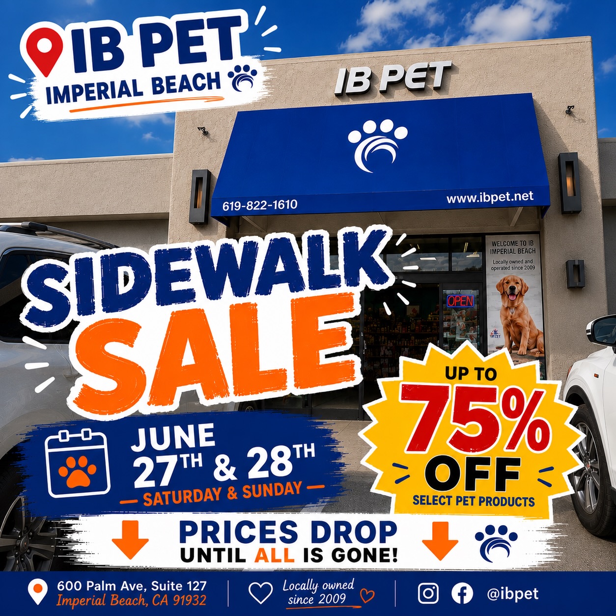 🚨 Our Annual Sidewalk Sale is back! 🚨
Join us this weekend, June 27th & 28th at IB Pet Imperial Beach for huge savings on select pet products — up to 75% OFF! 🐾
The best part? Prices drop throughout the weekend until it’s all gone. Shop early for the best selection or take your chances for the deepest discounts.
See you this weekend! 🐶🐱
#IBPet #ImperialBeach #ImperialBeachCA #ShopLocalSD #SanDiegoDogs