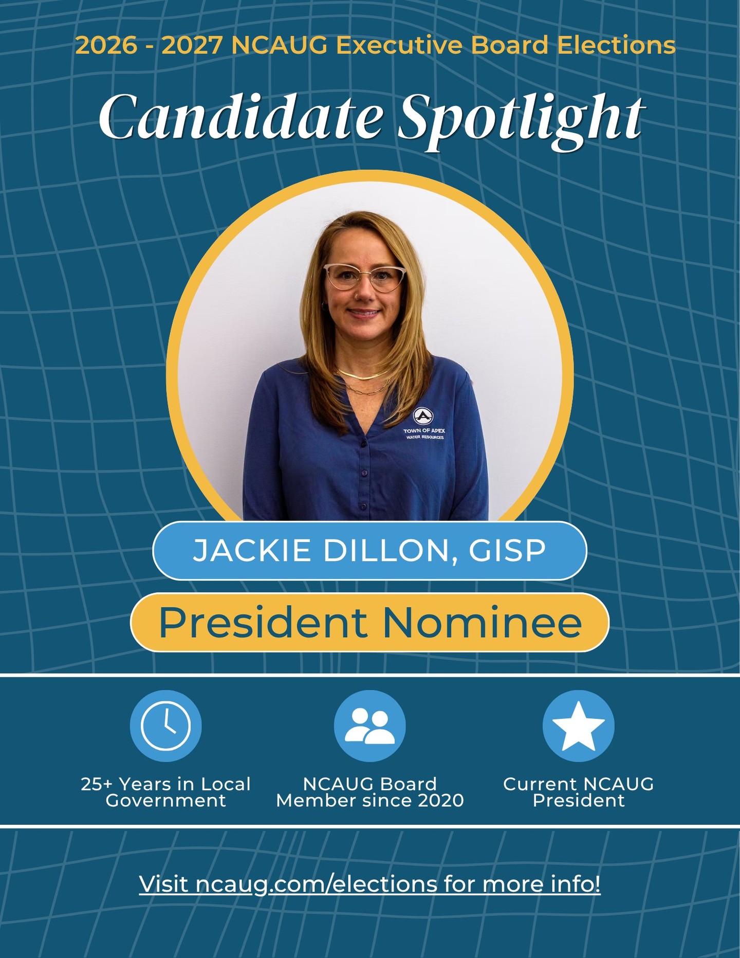 ๐ณ๏ธ Meet your 2026 - 2027 NCAUG President nominee!
Jackie Dillon, GISP has spent more than two decades working in local government and supporting the GIS profession through leadership, outreach, and service. As NCAUGโs current President and a Board member since 2020, sheโs been nominated to continue in the role through 2027!
Attending the 2026 Annual Conference in New Bern this October? Be sure to cast your vote during registration. Not able to attend this year? Keep an eye on your inbox for voting information in the future.
Stay tuned โ more NCAUG Executive Board nominee spotlights are on the way โจ