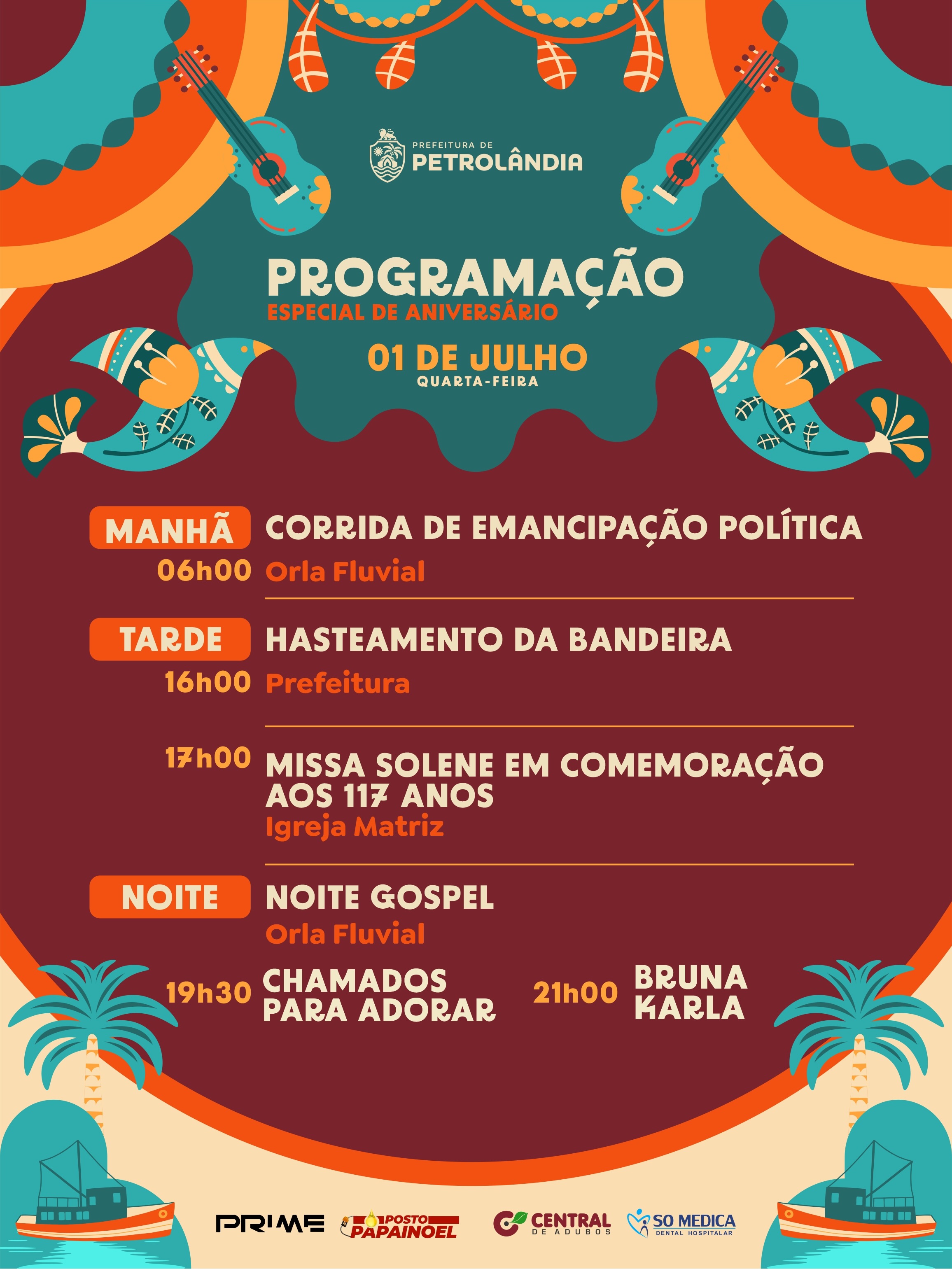 Quarta-feira, 1º de julho, é dia de celebrar Petrolândia do jeitinho que a nossa cidade merece! 🎉✨
A programação começa cedinho com a Corrida de Emancipação Política. À tarde, acontece o Hasteamento da Bandeira e, logo em seguida, a Missa Solene em comemoração aos 117 anos do nosso município.
E à noite, a emoção continua na Orla Fluvial com a Noite Gospel, reunindo muita fé, louvor e os shows de Chamados Para Adorar e Bruna Karla.
