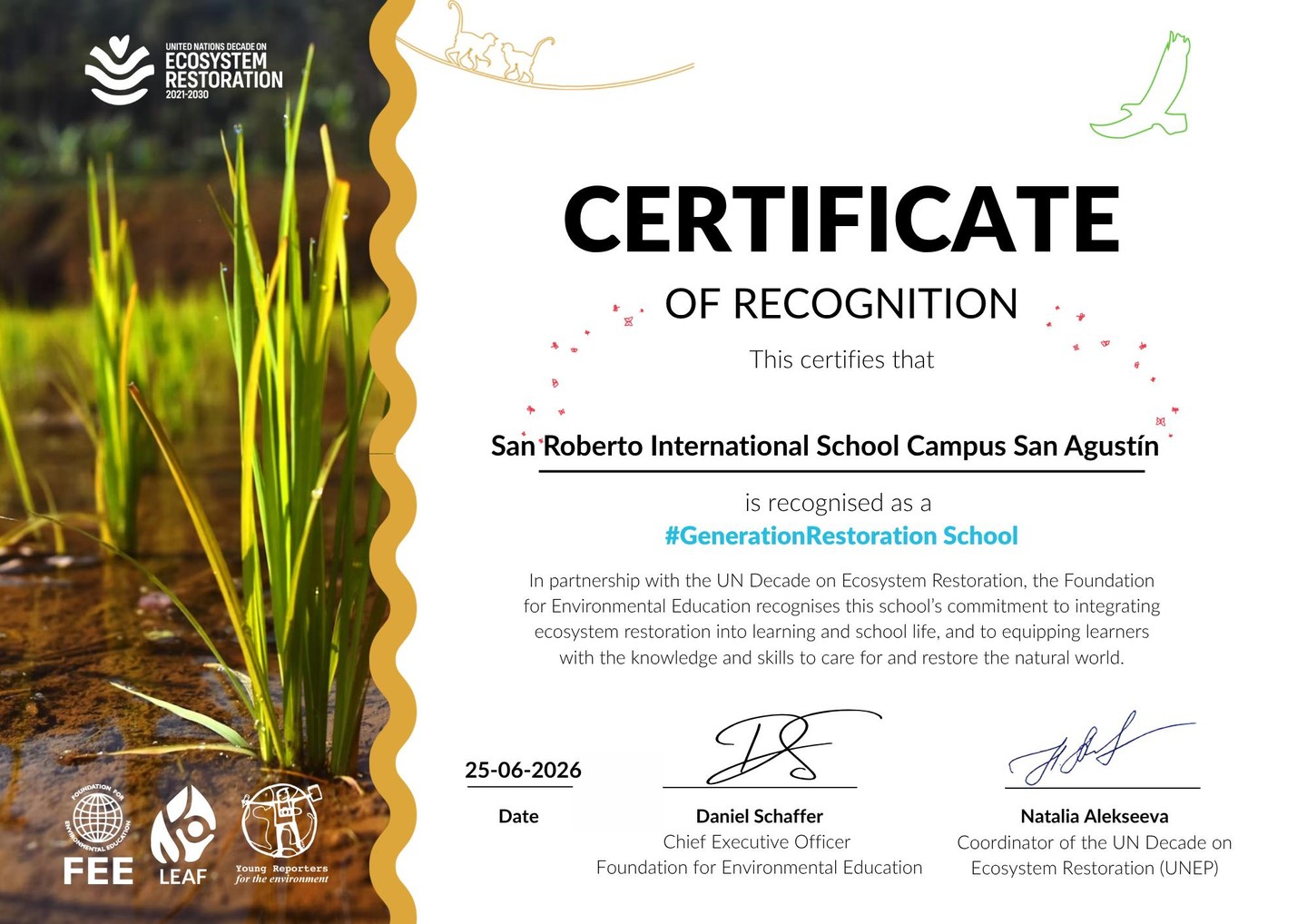 San Roberto San Agustín has been recognized by the UN and the Foundation for Environmental Education as one of the first #GenerationRestoration schools worldwide, as part of the UN Decade on Ecosystem Restoration. Our Eco Team restored a terrace into a pollinator garden, cleaned the Santa Catarina river, and planted 7 native trees on campus. This recognition adds to our three years in the Eco-Schools program and our Green School certification. We are proud to share this achievement with our community! #WeAreISR