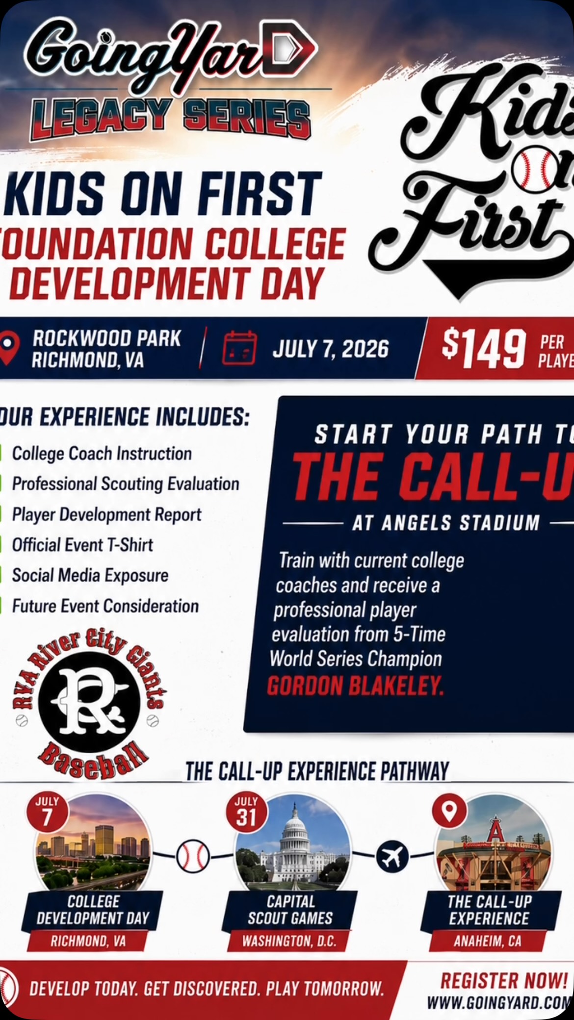 The River City Giants and Going Yard have a great opportunity for Kids 13+ Richmond on July 7, 2026! We would love to have you join us for this opportunity. The information is below in the flyer to register!! Please reach out with questions!